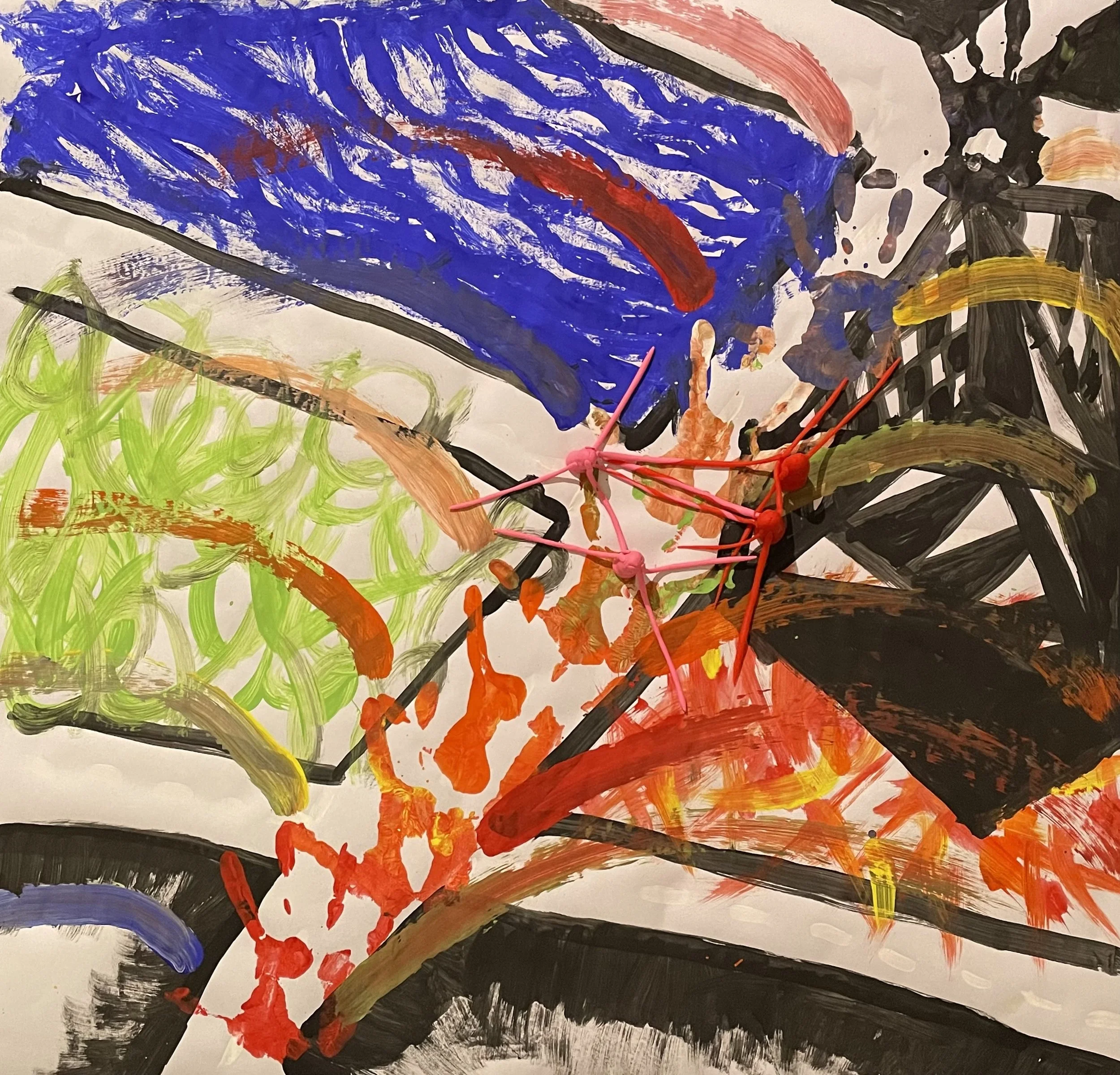 Abstract painting with swirling lines and splashes of colour including blue, green, orange, red, black, and yellow, created with paint with red and pink modelling clay on top.