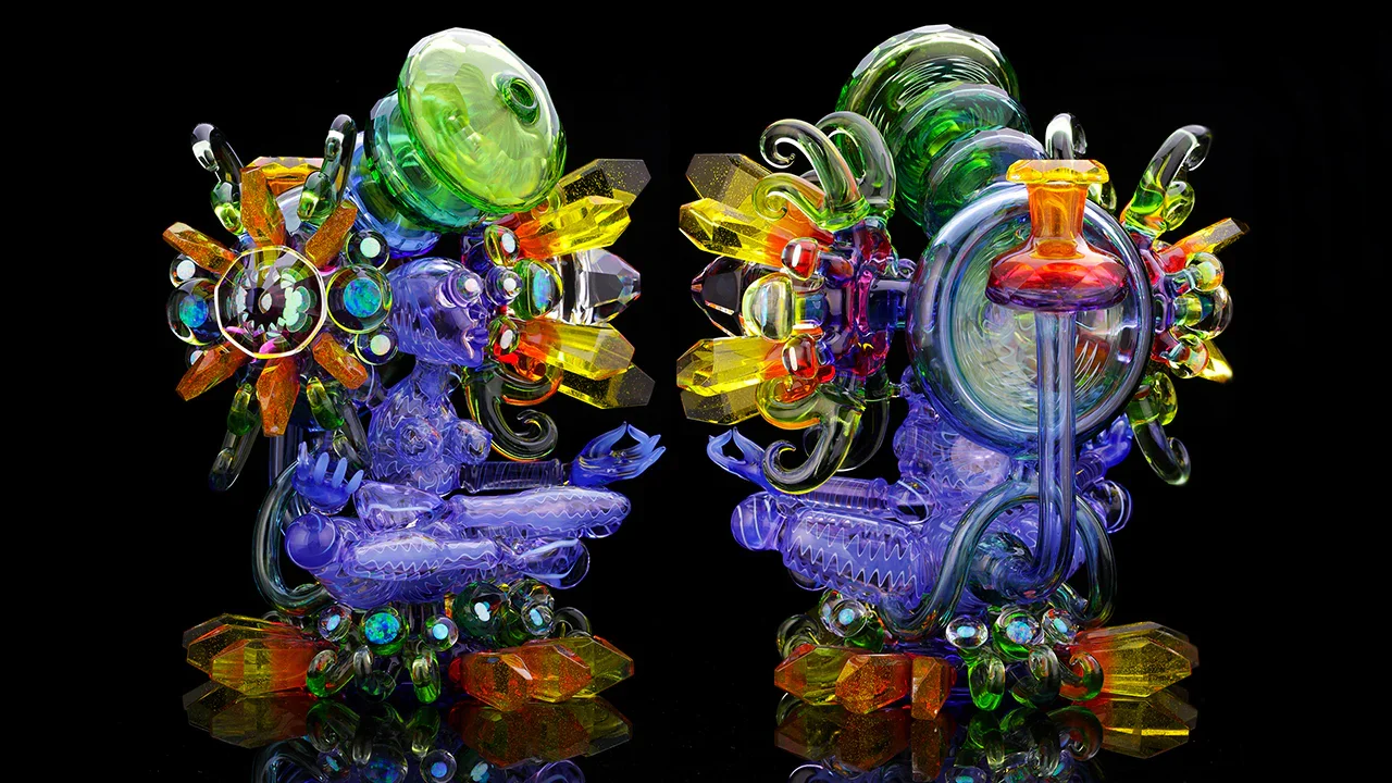 Colorful glass art sculpture of a chameleon, showing front and back views, with intricate details and vibrant colors.