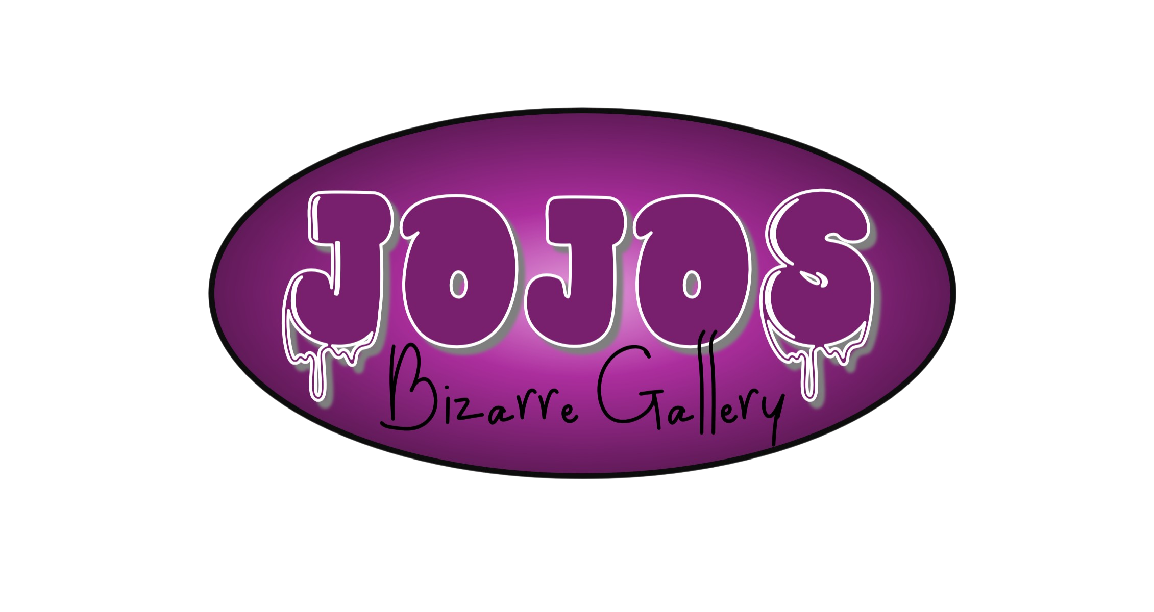 Logo for Jojos Bizarre Gallery featuring purple and black colors with dripping white text.