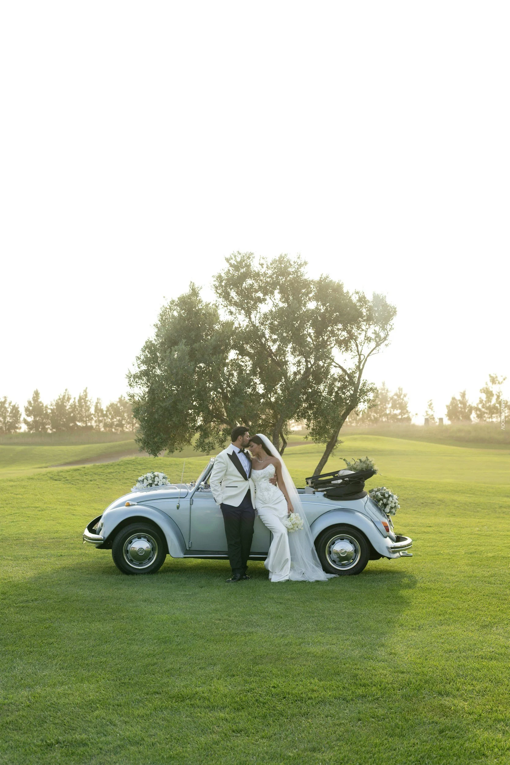 Braut und Bräutigam stehen neben einem Vintage Cabrio, umgeben von grünem Rasen und Bäumen, bei Sonnenuntergang, Hochzeitsfeier im Freien.