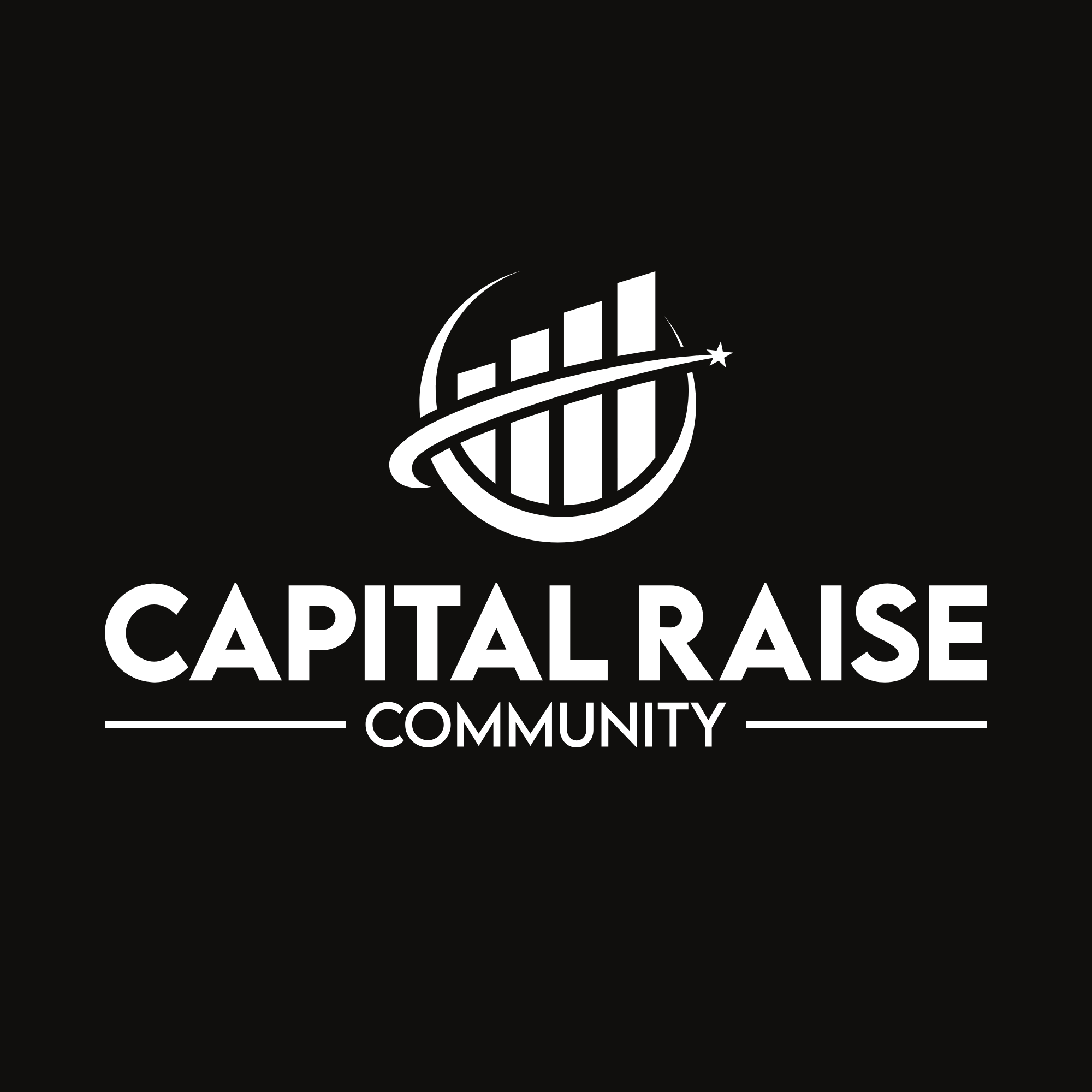 Logo for Capital Raise Community featuring a globe with rising bar chart and orbiting star