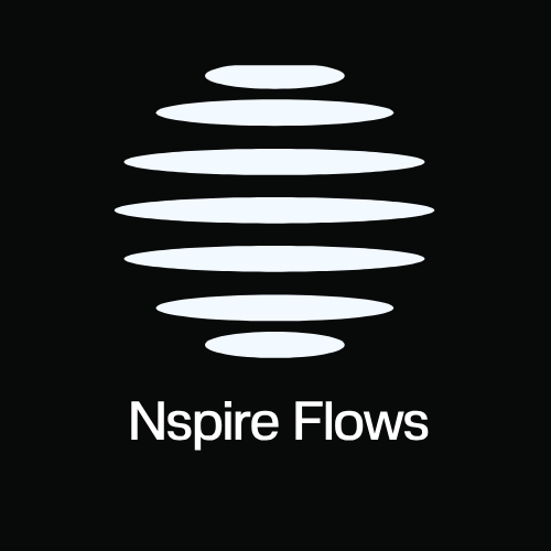 Logo with a series of white horizontal ovals stacked to form a spiral shape, with the text "Nspire Flows" below.
