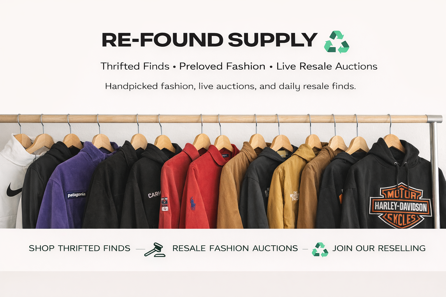 A clothing rack with various hoodies and jackets, including brands like Patagonia and Harley-Davidson, with event and resale options text above and below.