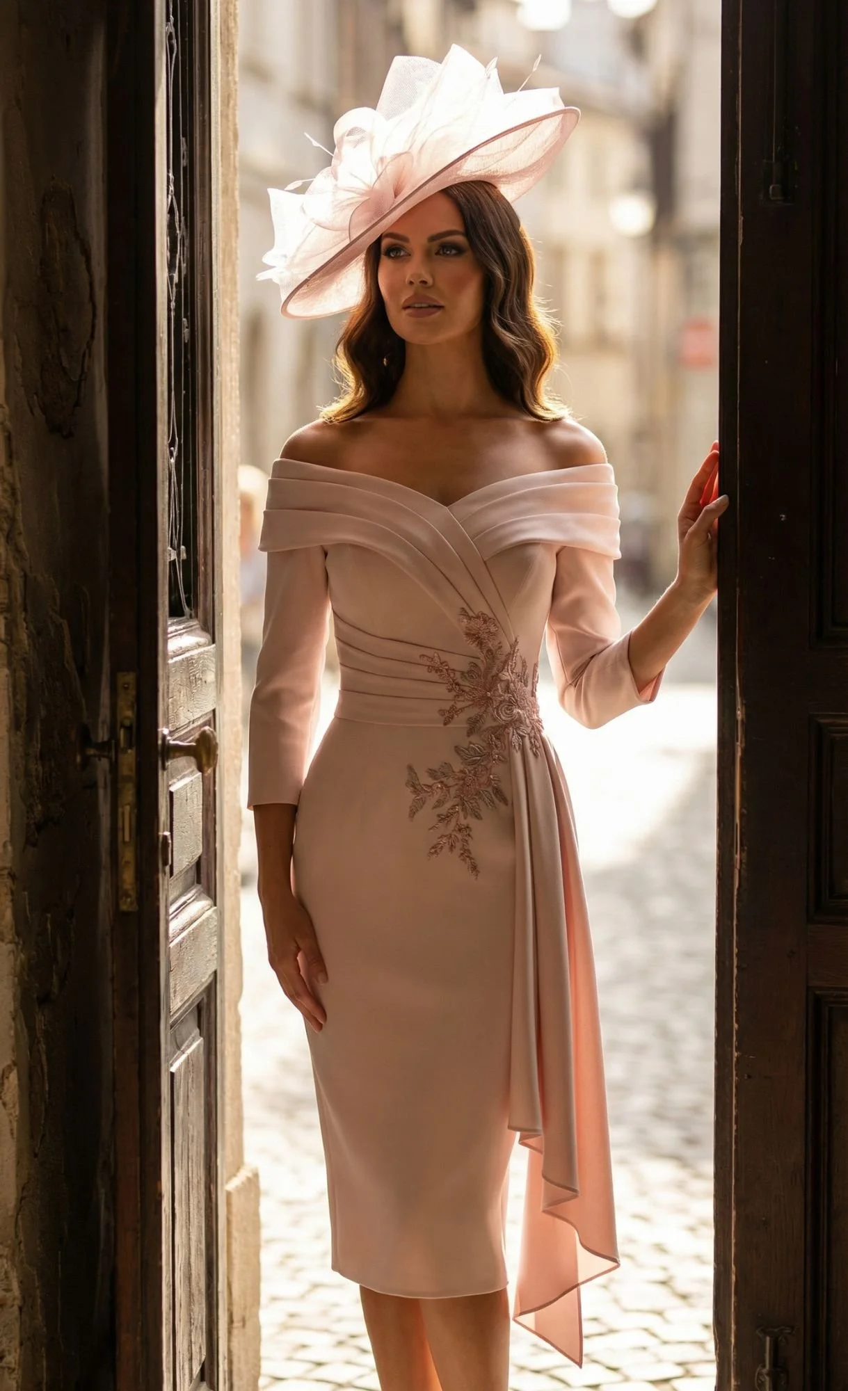 Woman in an elegant, off-the-shoulder pink dress with floral embroidery and a matching pink wide-brimmed hat standing in an open doorway.