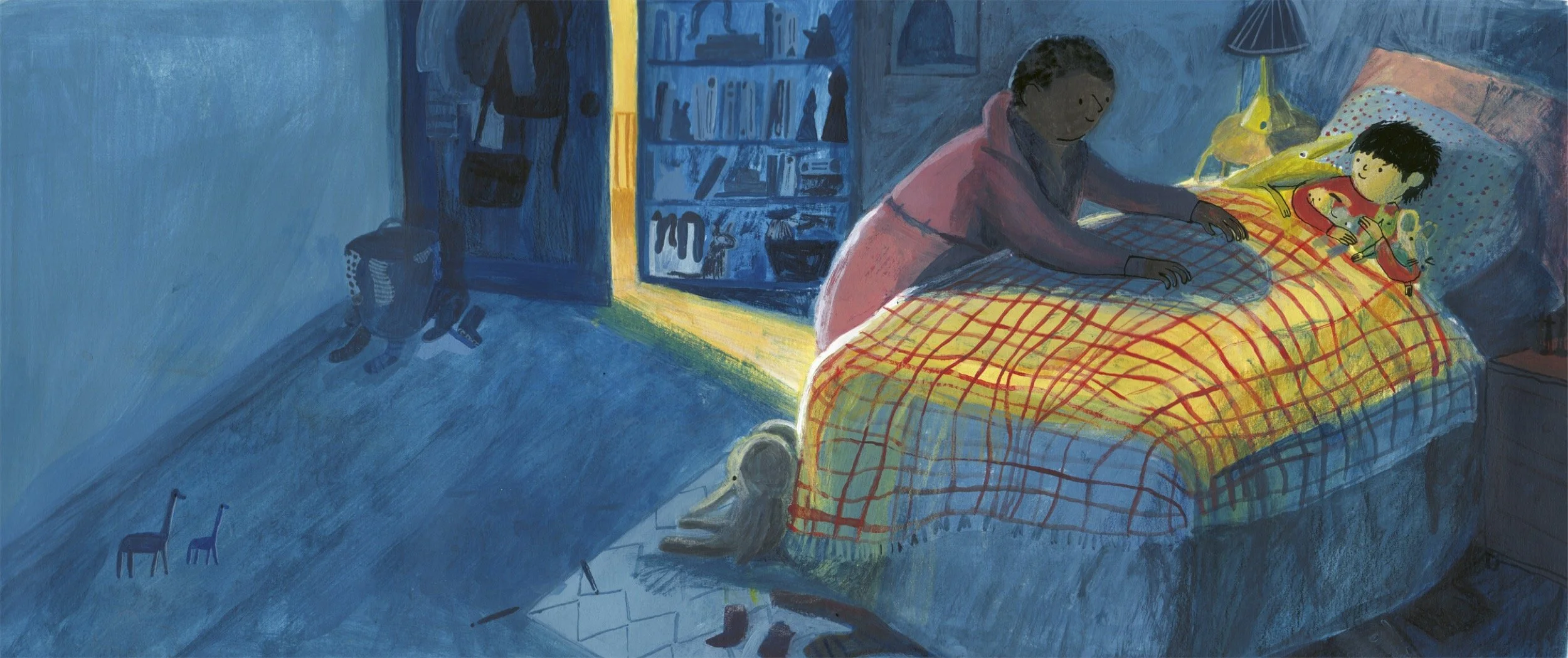 A woman is sitting on the edge of a bed, leaning over a child lying under a colorful checkered blanket. The child is using a flashlight. The room is dimly lit, with a nightstand and a lamp on the side. There are stuffed animals and toys near the bed.
