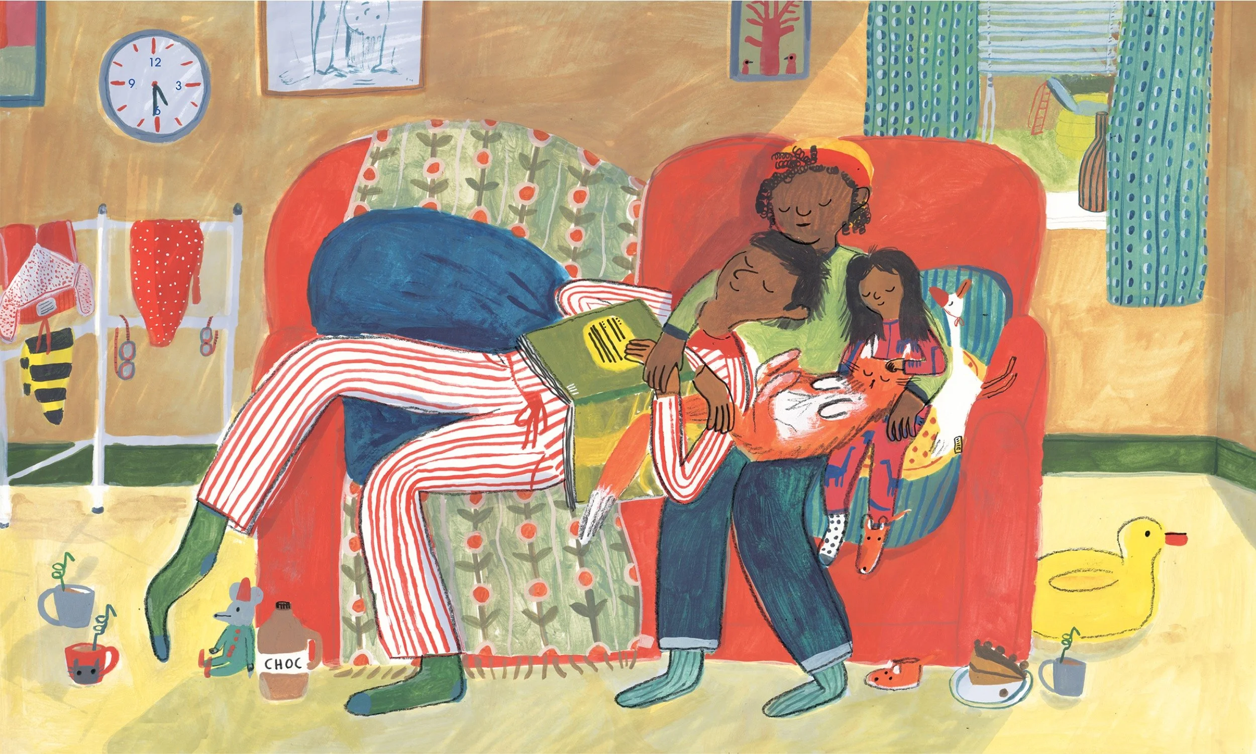 A cozy living room scene with two children and a woman sleeping on a red couch. One child is reading a book, and the other child is hugging a cat. The room has a yellow rug, a window with blue and green patterned curtains, and various toys and househ