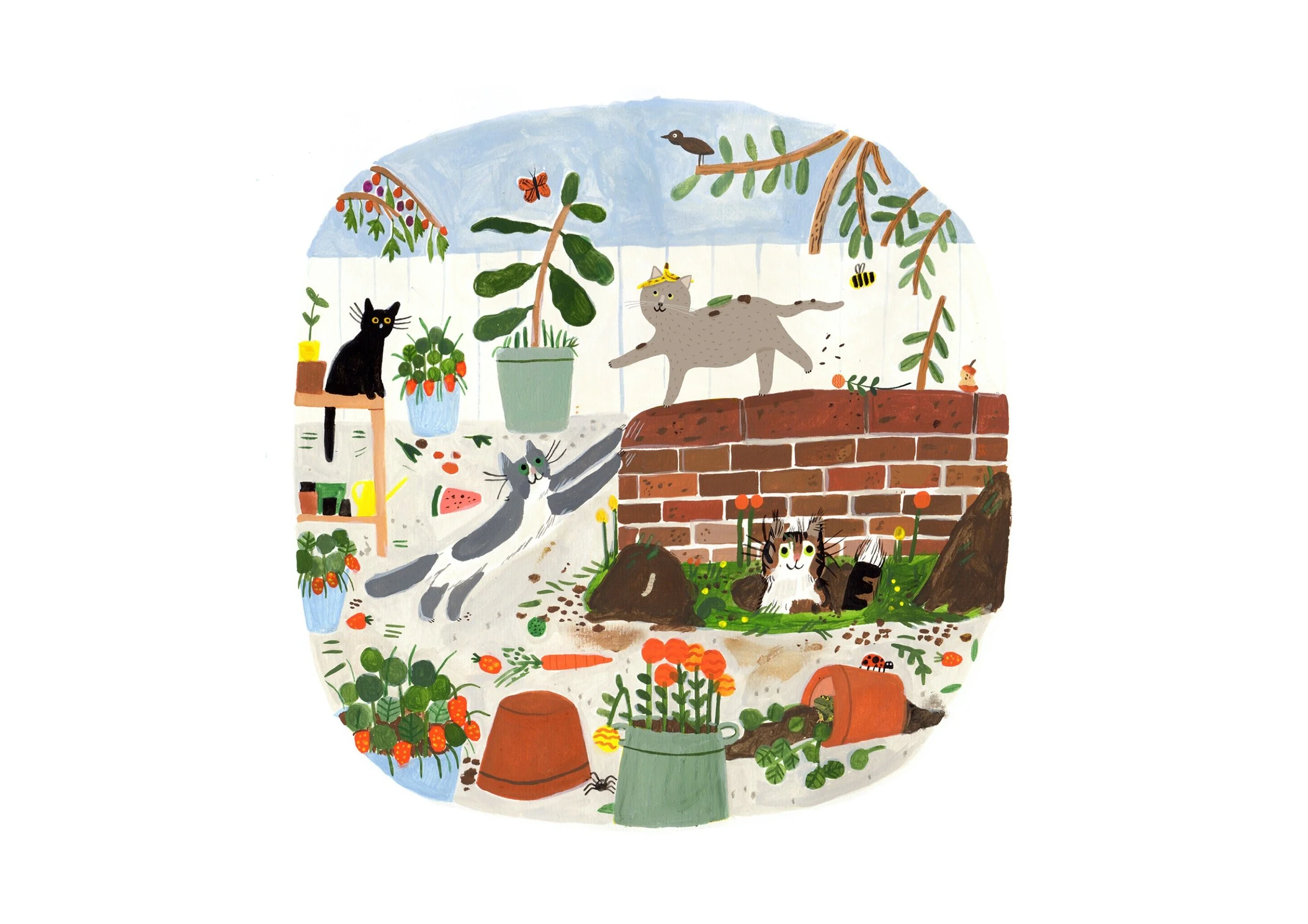 A colorful illustration of a cozy indoor garden with various cats, plants, and gardening tools. Multiple cats are resting, playing, and climbing among potted plants, flowers, and garden accessories, with a brick wall and a blue sky background.
