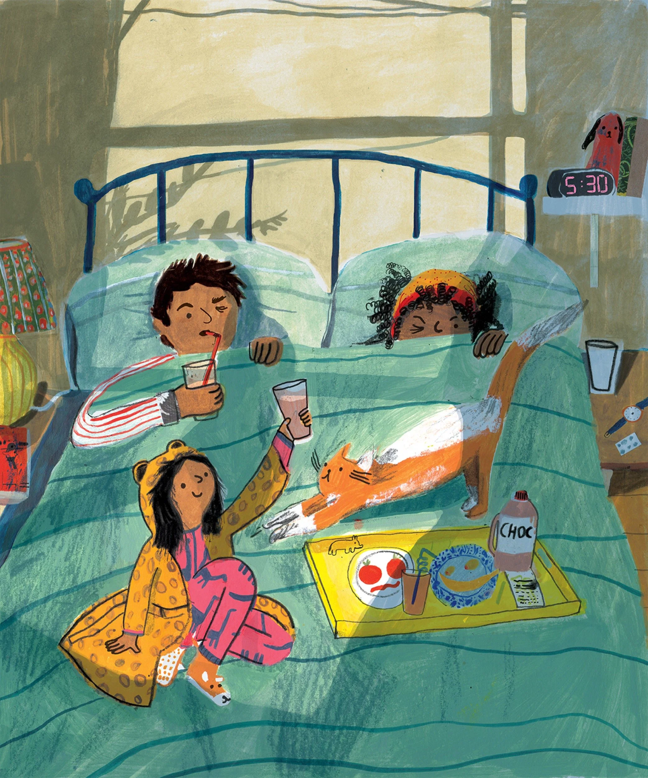 Children in pajamas having breakfast in bed with cats, drinking from glasses, with a tray of food and drinks on the bed, a dog asleep on the bed, and a digital clock showing 5:30 in a cozy bedroom.