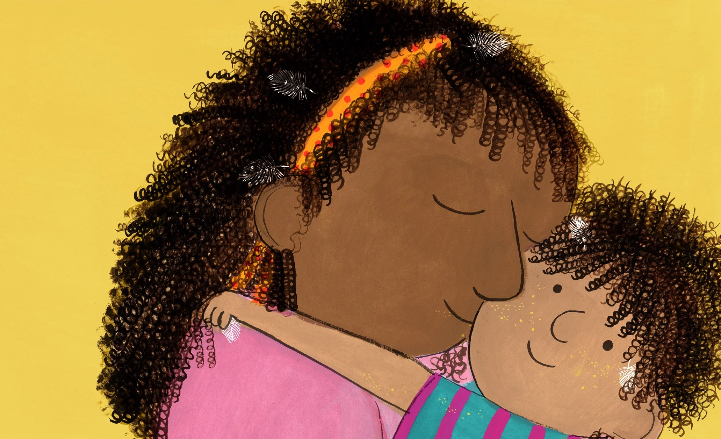 Illustration of two girls hugging, one with dark curly hair, wearing colorful clothing, and the other with curly hair, smiling.