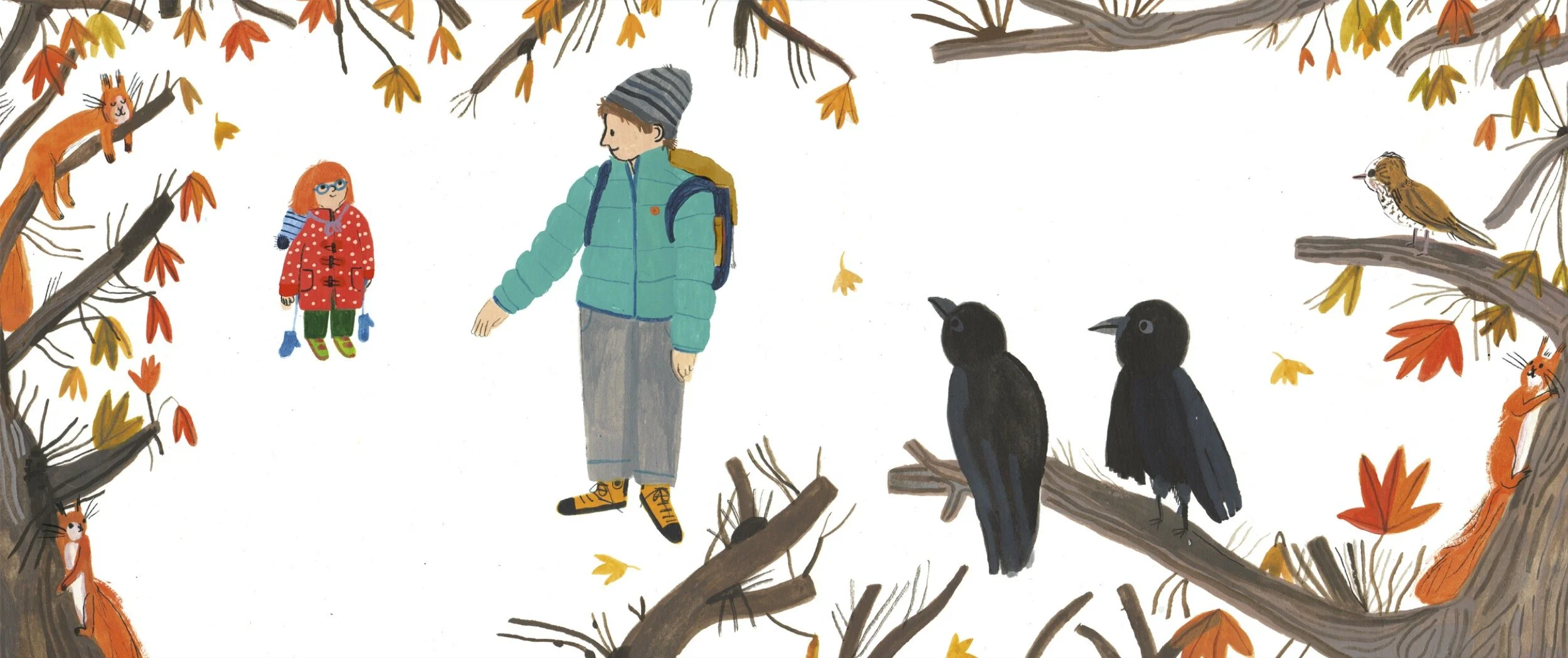 A child and an adult in warm clothing, standing in a tree-filled, autumn forest with falling leaves. The child wears a red polka dot coat, green pants, and glasses, while the adult wears a blue jacket, gray pants, and a striped beanie. Several birds,