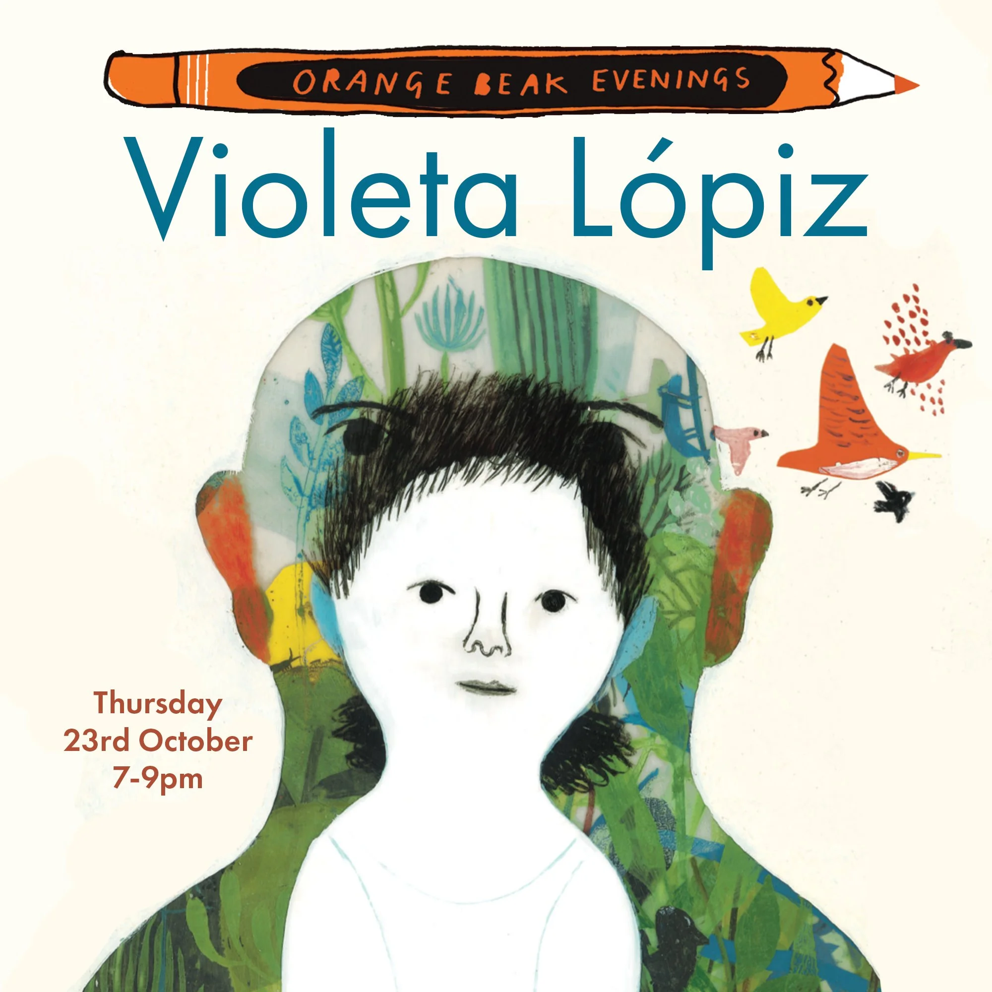 Book cover featuring an illustrated portrait of a woman with short dark hair, surrounded by colorful birds and greenery, with text about an event on October 23rd from 7 to 9 pm.