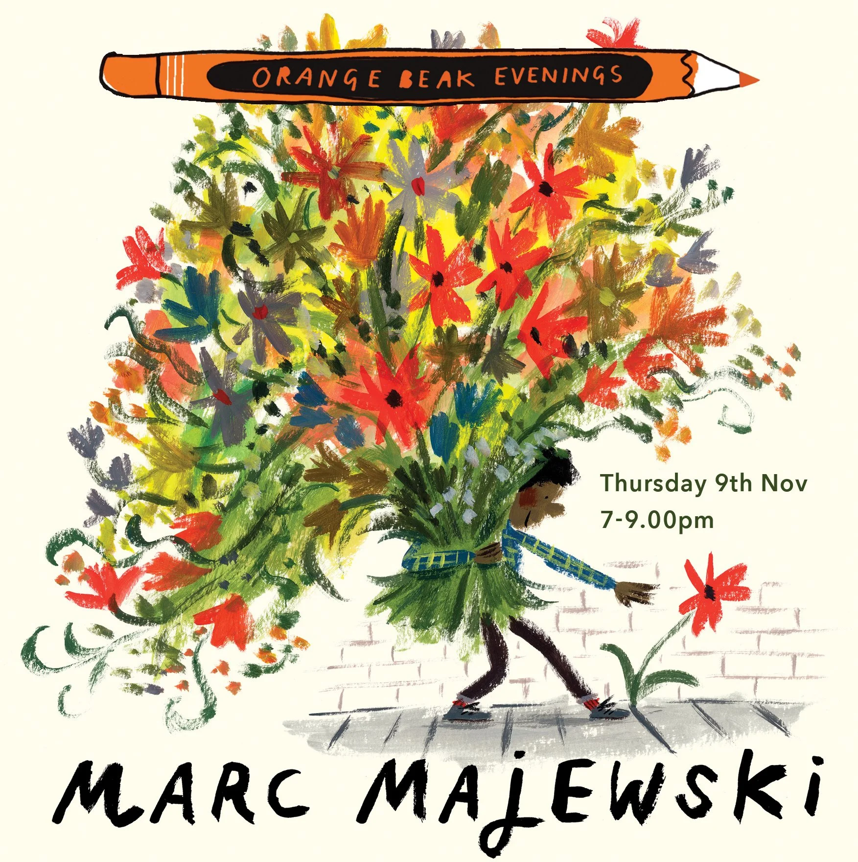 A colorful illustration of a person carrying a large bouquet of flowers, with a red flower on the ground, promotional poster for Marc Majewski's 'Orange Peak Evenings' event, scheduled for Thursday, November 9th, from 7 to 9 p.m.