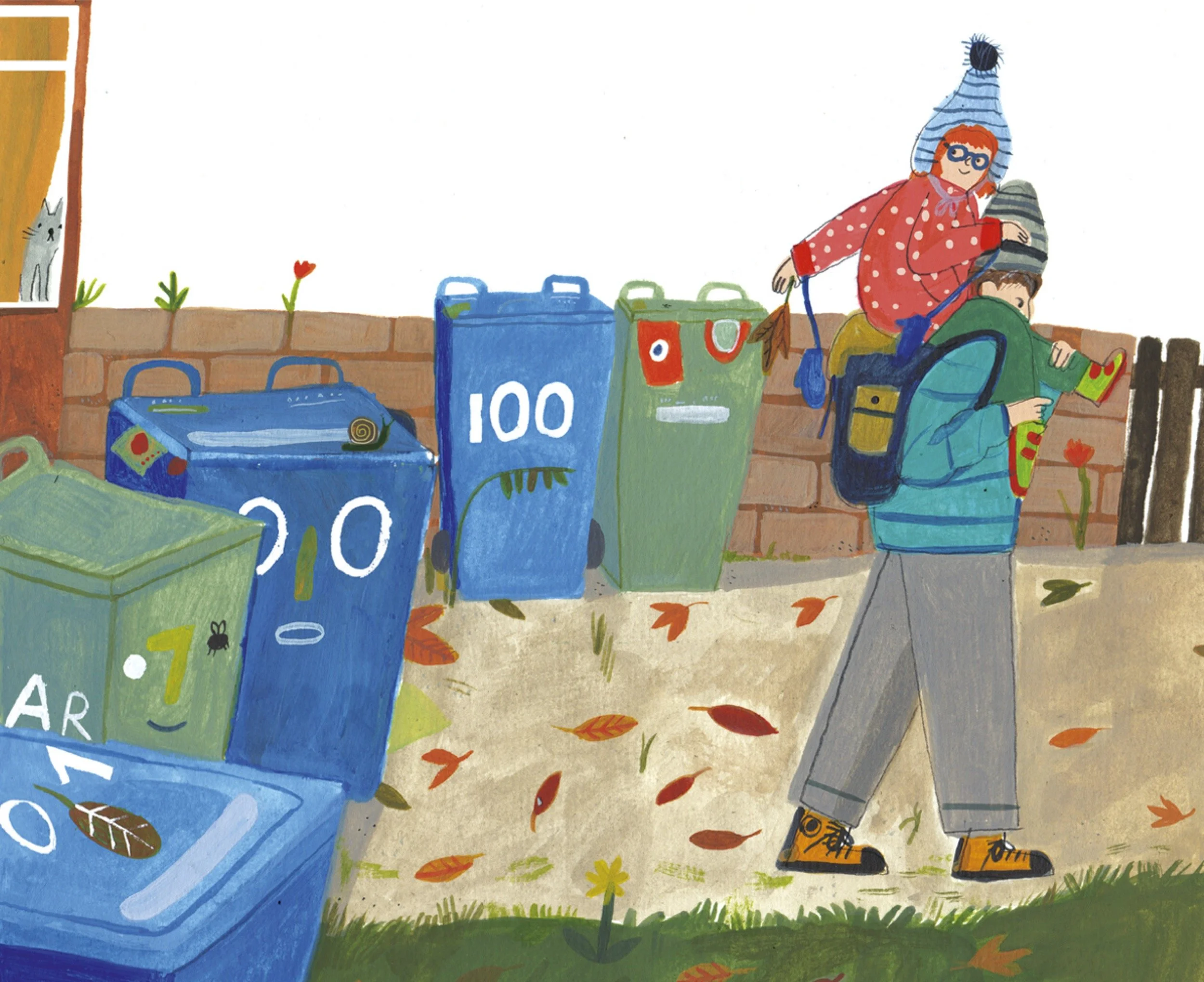 Children walking past colorful trash bins with animated faces in a neighborhood yard, with a brick wall, a window with a cat, and fallen leaves on the ground.