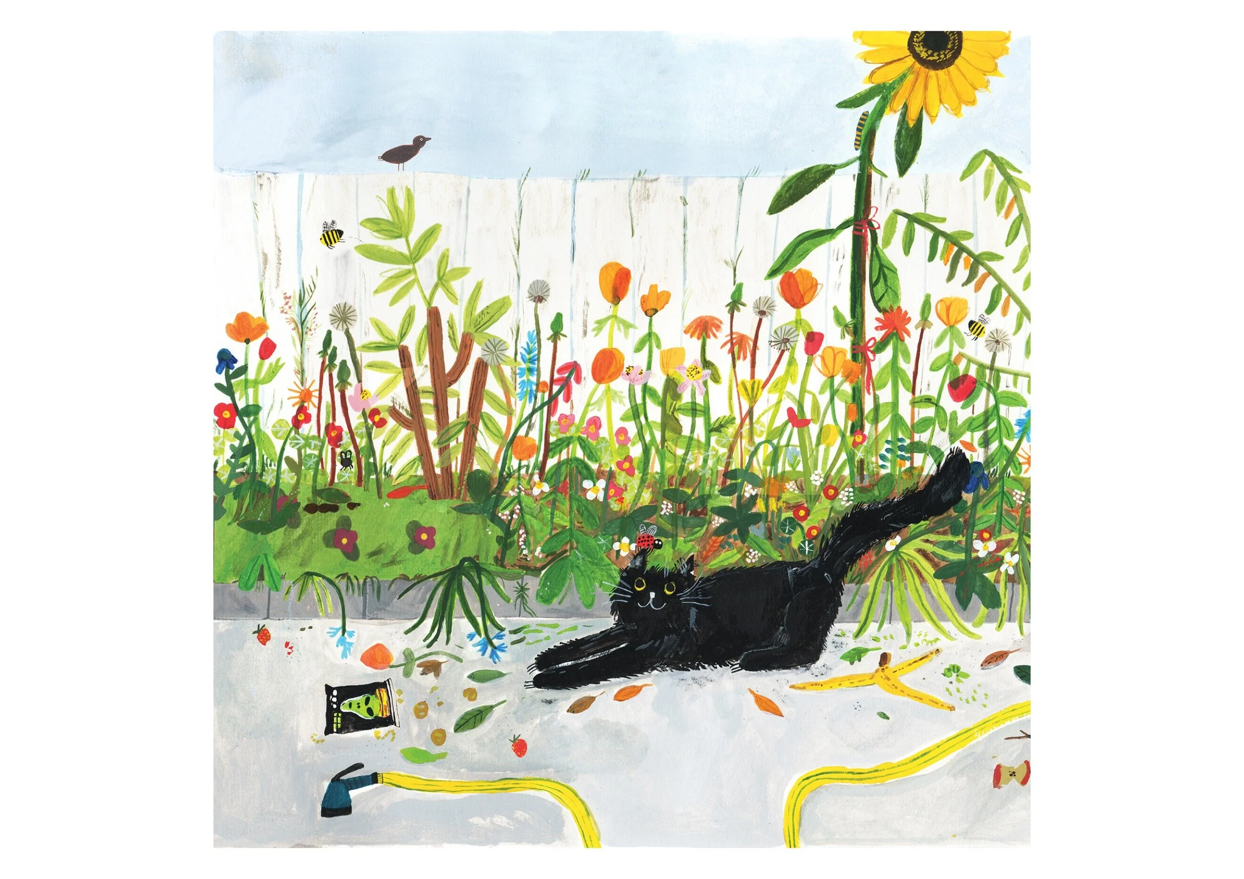 A colorful illustration of a garden with a black cat stretching on a white patio, surrounded by flowers and plants. A sunflower towers on the right, and a white fence with a blue sky and a bird is in the background. There are bees, butterflies, and m