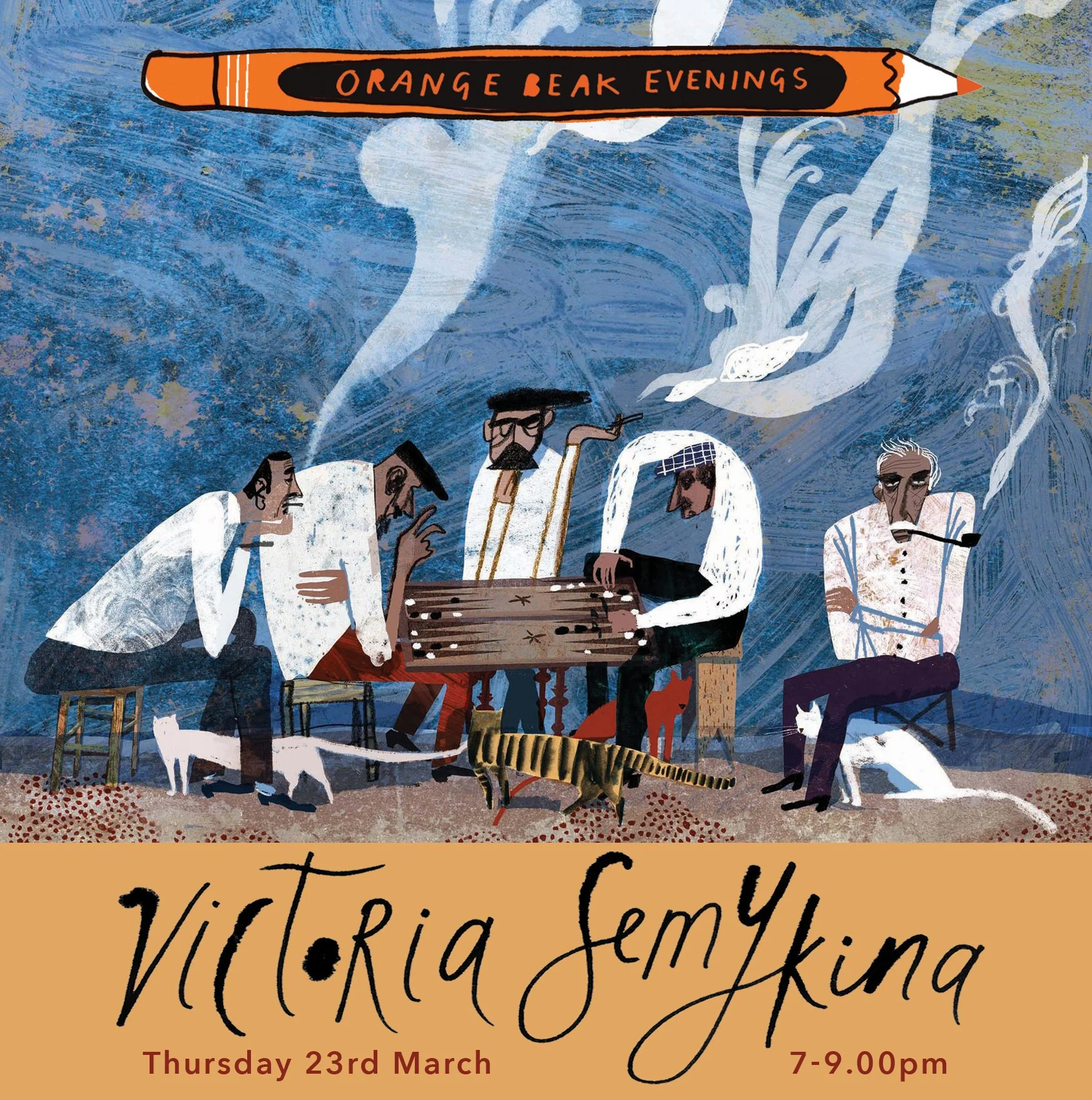 An illustrated poster promoting an event called Orange Peak Evenings featuring Victoria SemYing, scheduled for Thursday, March 23rd from 7 to 9 pm. The artwork depicts five men with pipes, some playing chess, with steam rising above and around them against a blue textured background. One man has a cat and a tiger, and there is a stylized orange banner at the top with the event title.