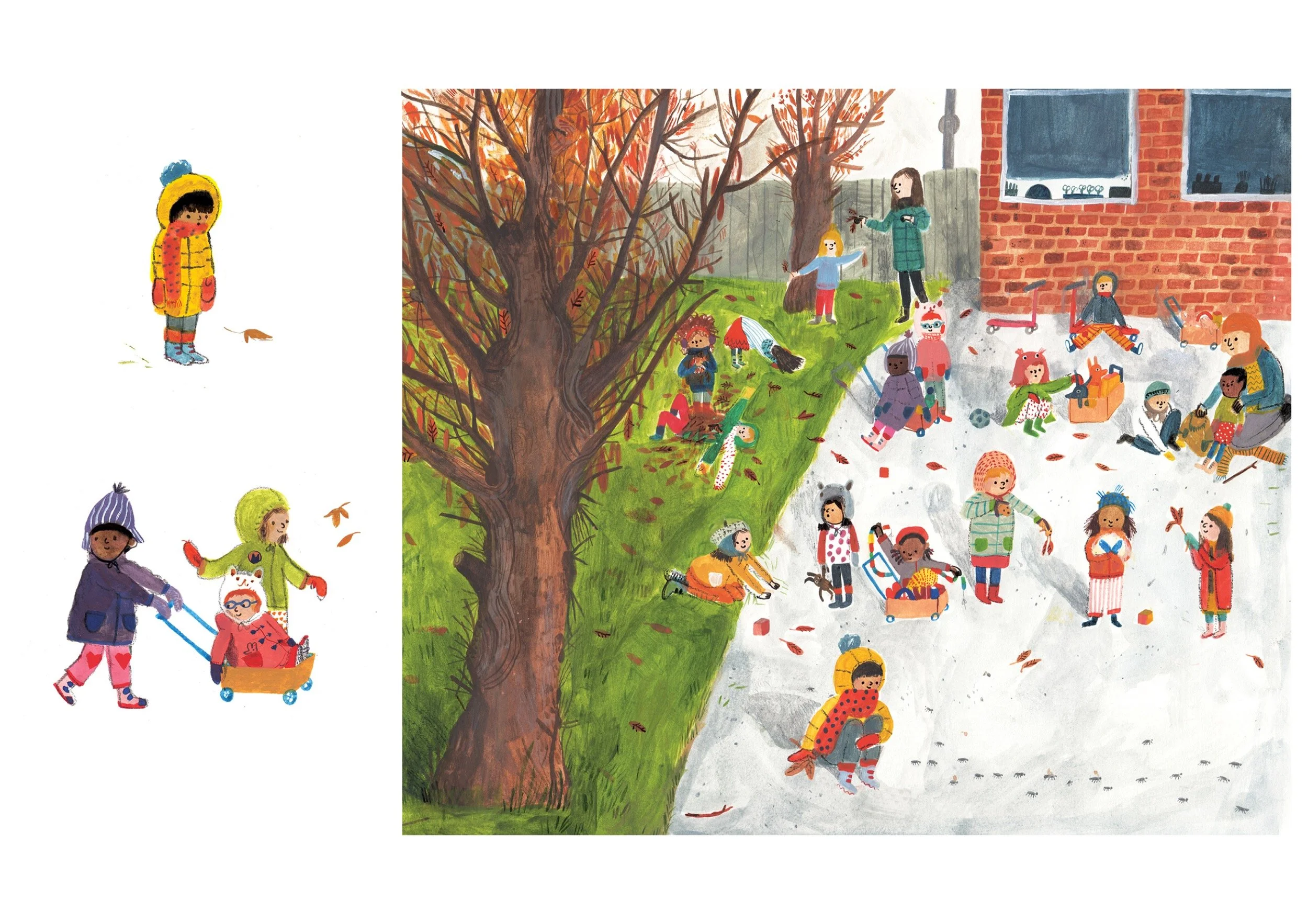 Children playing outdoors in autumn. Some children are playing in the snow, while others are playing on the grass with fallen leaves.