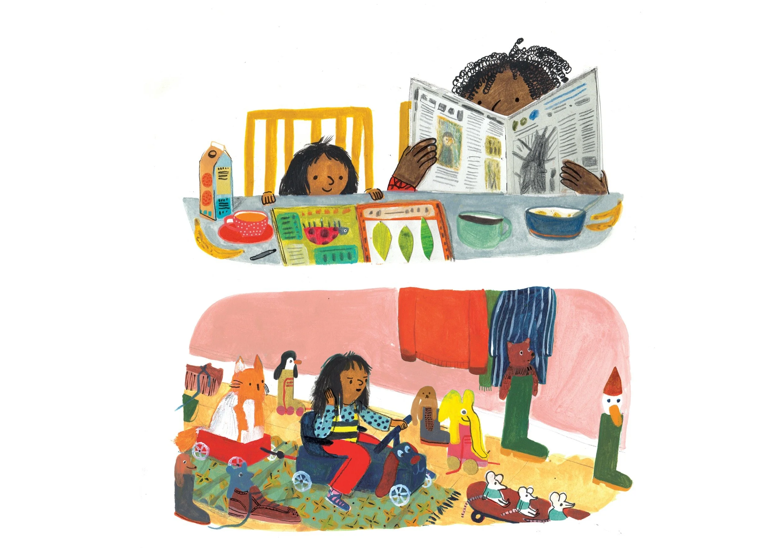 A colorful illustration of a family in two different settings. The top shows two children sitting at a table with breakfast, surrounded by cereal, oatmeal, bananas, and a milk carton, one reading a book and the other smiling. The bottom shows a girl 