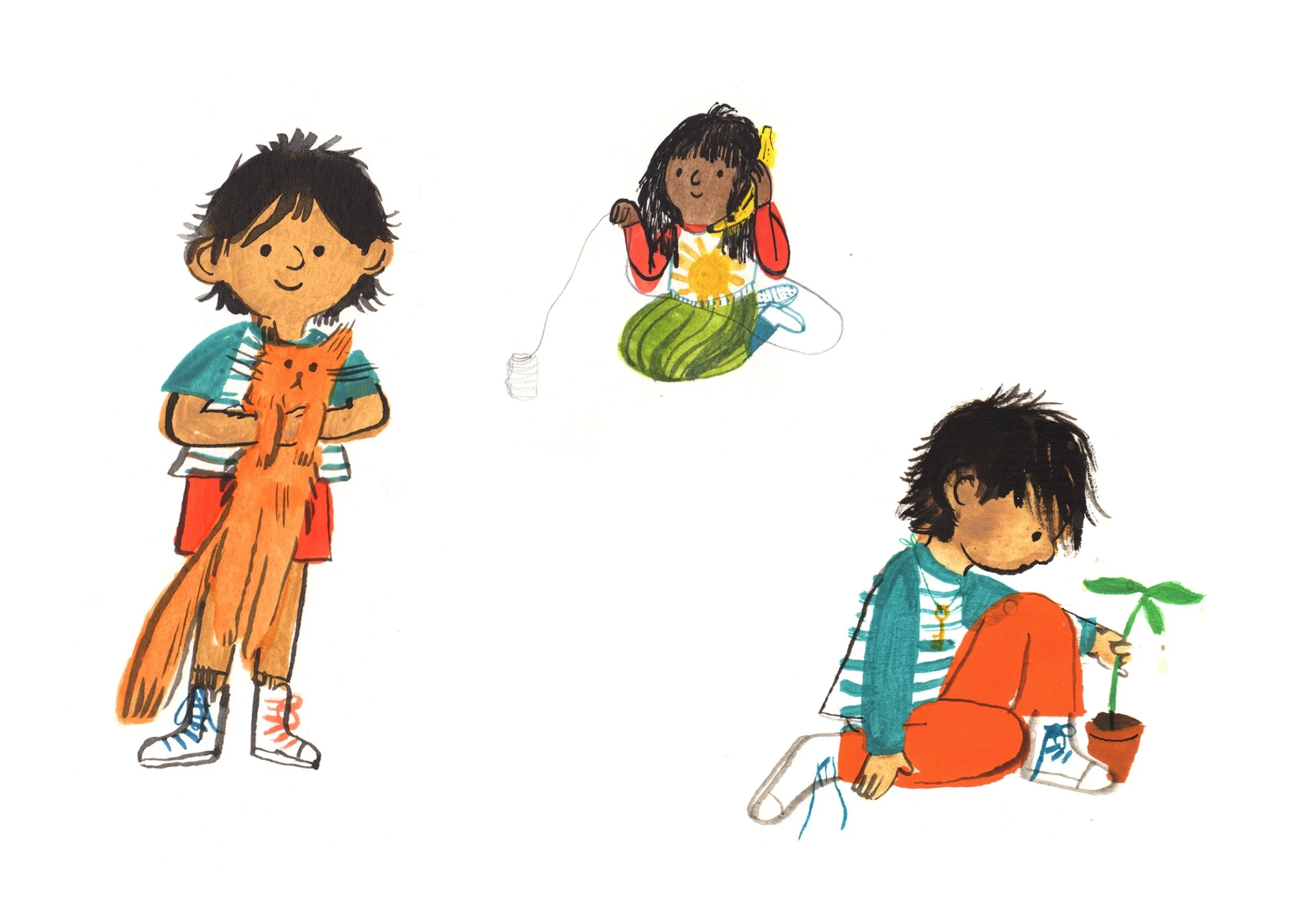 Three children engaging in outdoor activities. A boy holding an orange cat, a girl sitting on the ground talking on a yellow phone, and another boy planting a small plant in a pot.