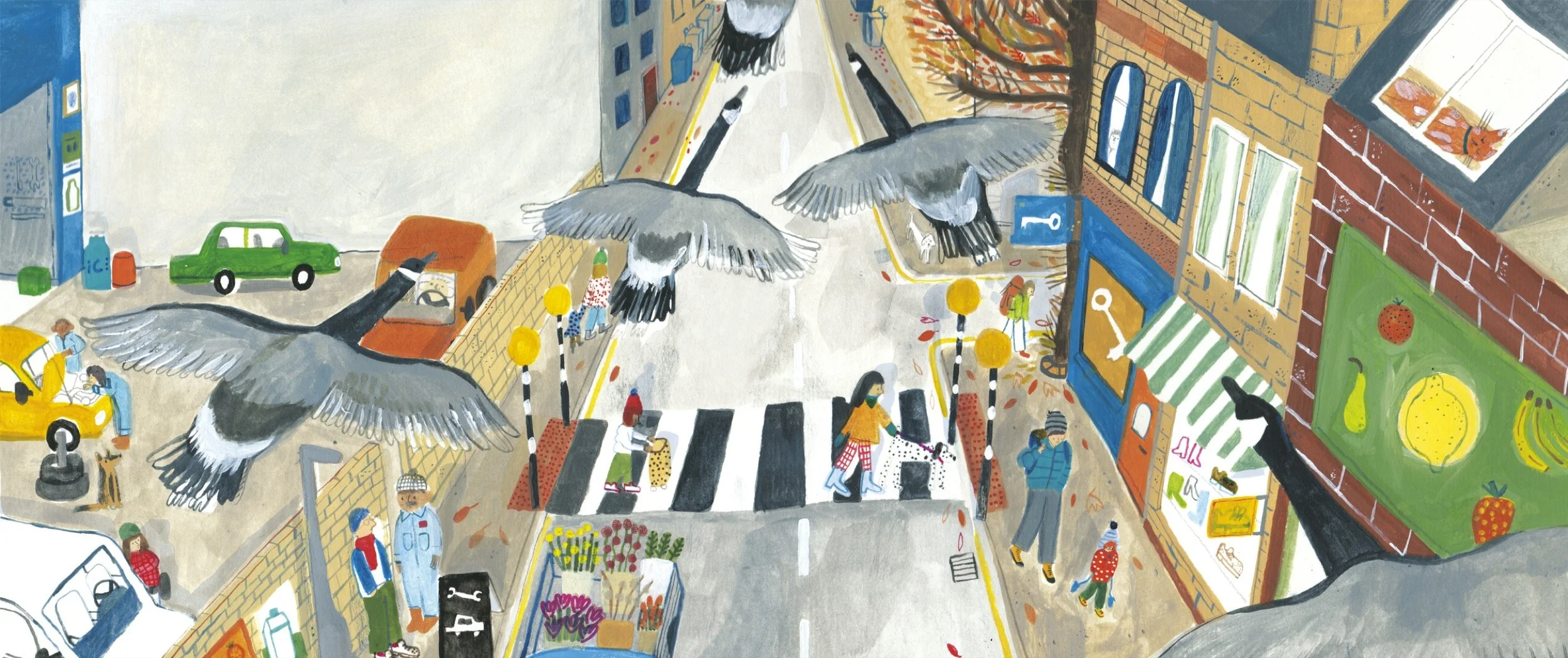 A colorful street scene viewed from above, with people shopping, walking, and biking. Several large birds are flying overhead, and there are cars parked along the street. The buildings have various storefronts and signs, with one featuring a large fr