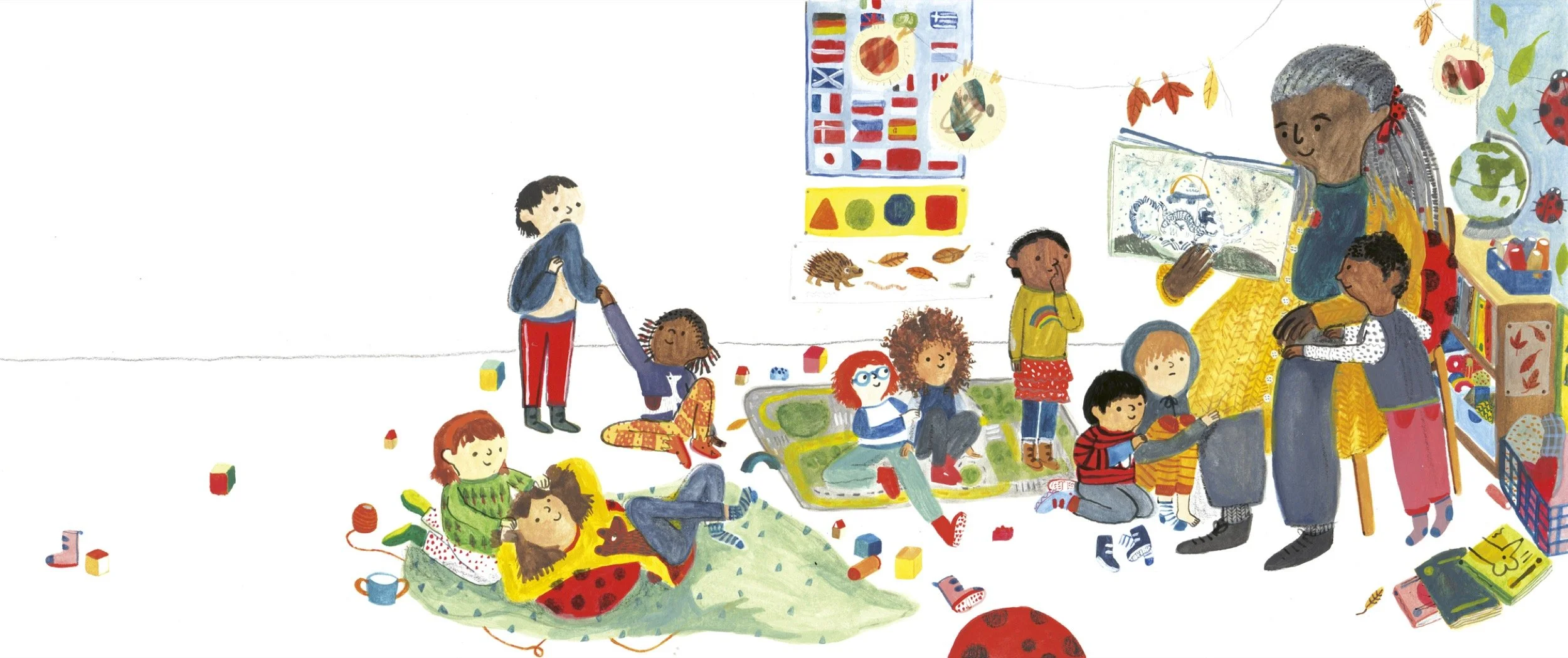 A diverse group of children in a classroom with a teacher reading a storybook. The children are sitting or lying on the floor, playing and listening. The classroom has educational posters, toys, and colorful decorations.
