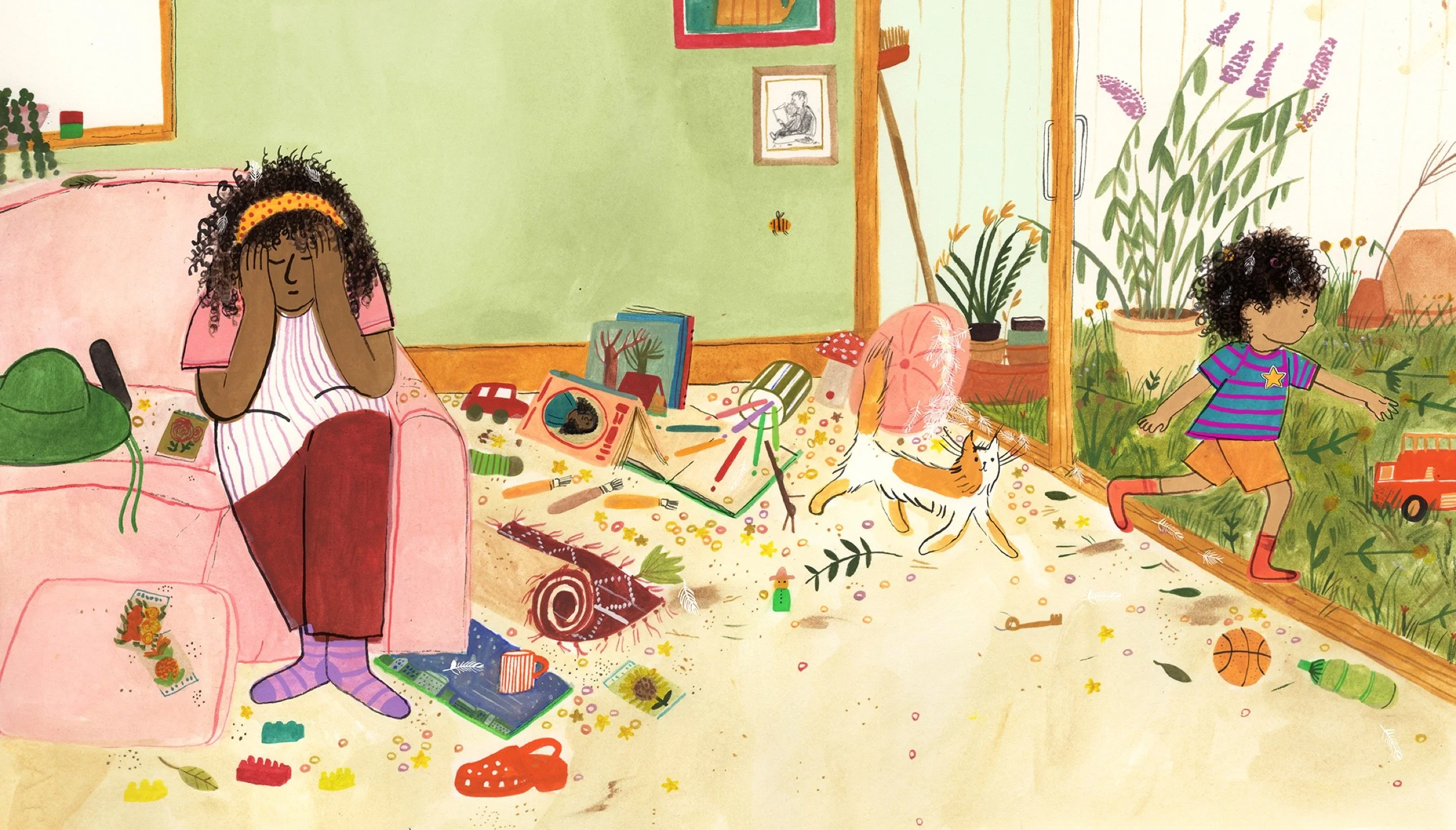 A girl sitting on a pink couch with her hands on her head, surrounded by scattered toys and books, with another girl playing outside on the grass.