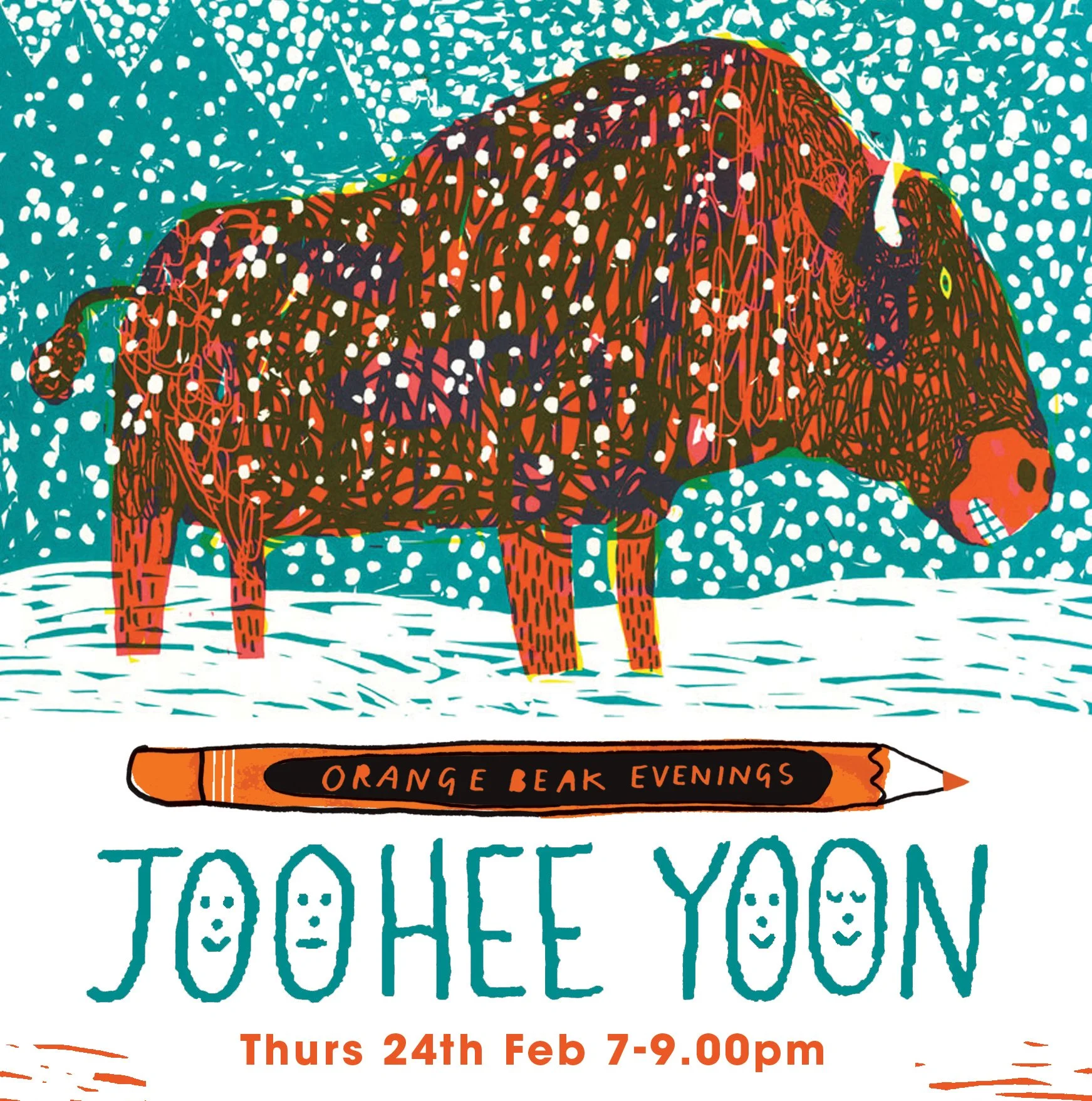 An abstract, colorful illustration of a buffalo standing in a snowy landscape with snow falling. Text on the image advertises an event with Johee Yoon on February 24th from 7-9 pm, titled 'Orange Beak Evenings'.
