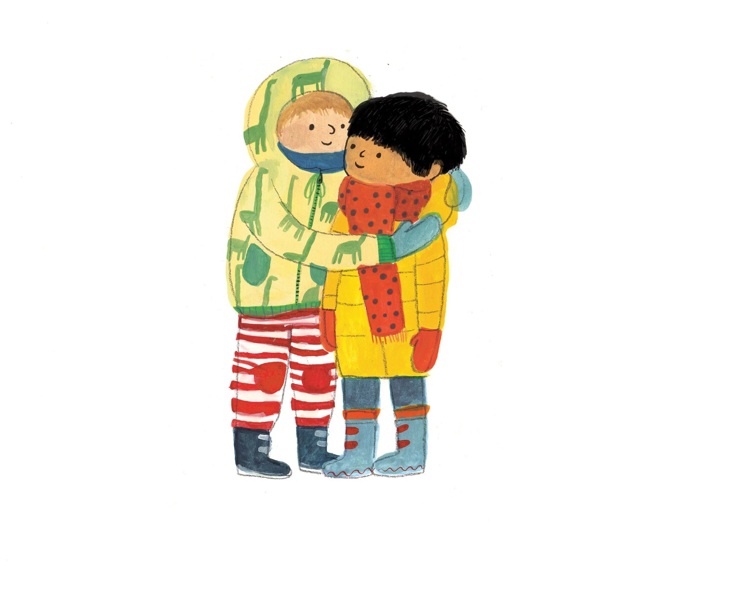 Two children dressed in colorful raincoats and boots hugging each other in the rain.