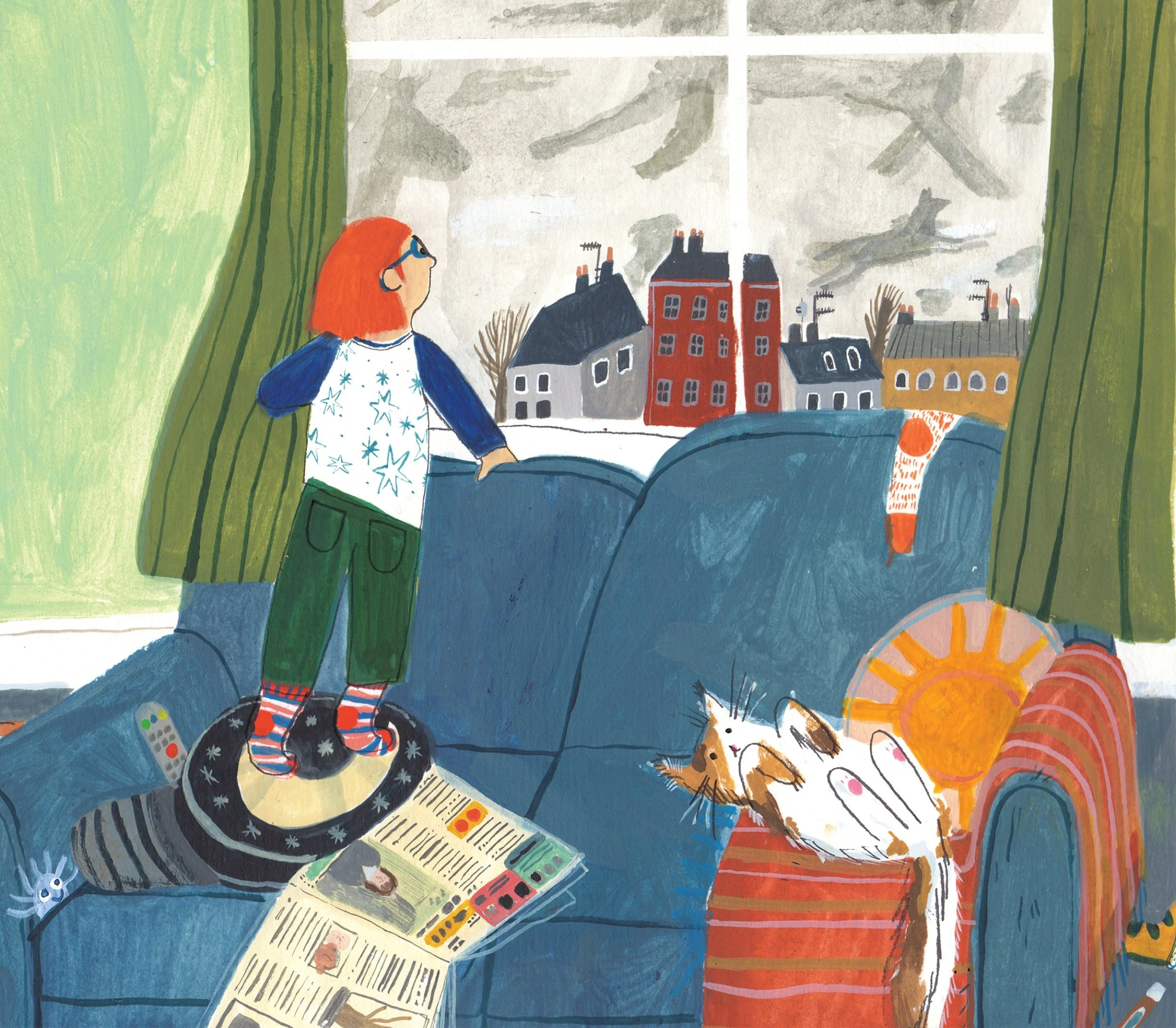 A person with red hair and glasses stands on a blue couch, looking out a window with green curtains at a cityscape with dark clouds and smoke in the sky. The couch has a newspaper, a remote, and a cat lying on an orange and red striped pillow.
