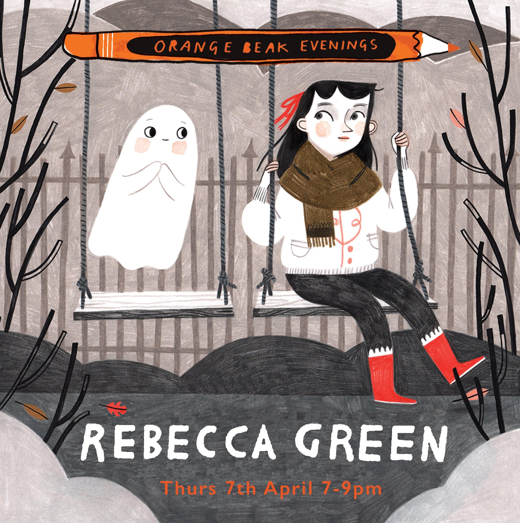 Illustration of a girl on a swing next to a friendly ghost at sunset, with trees and a fence in the background. The image promotes an event titled 'Orange Peak Evenings' featuring Rebecca Green on Thursday, April 7th from 7 to 9 pm.