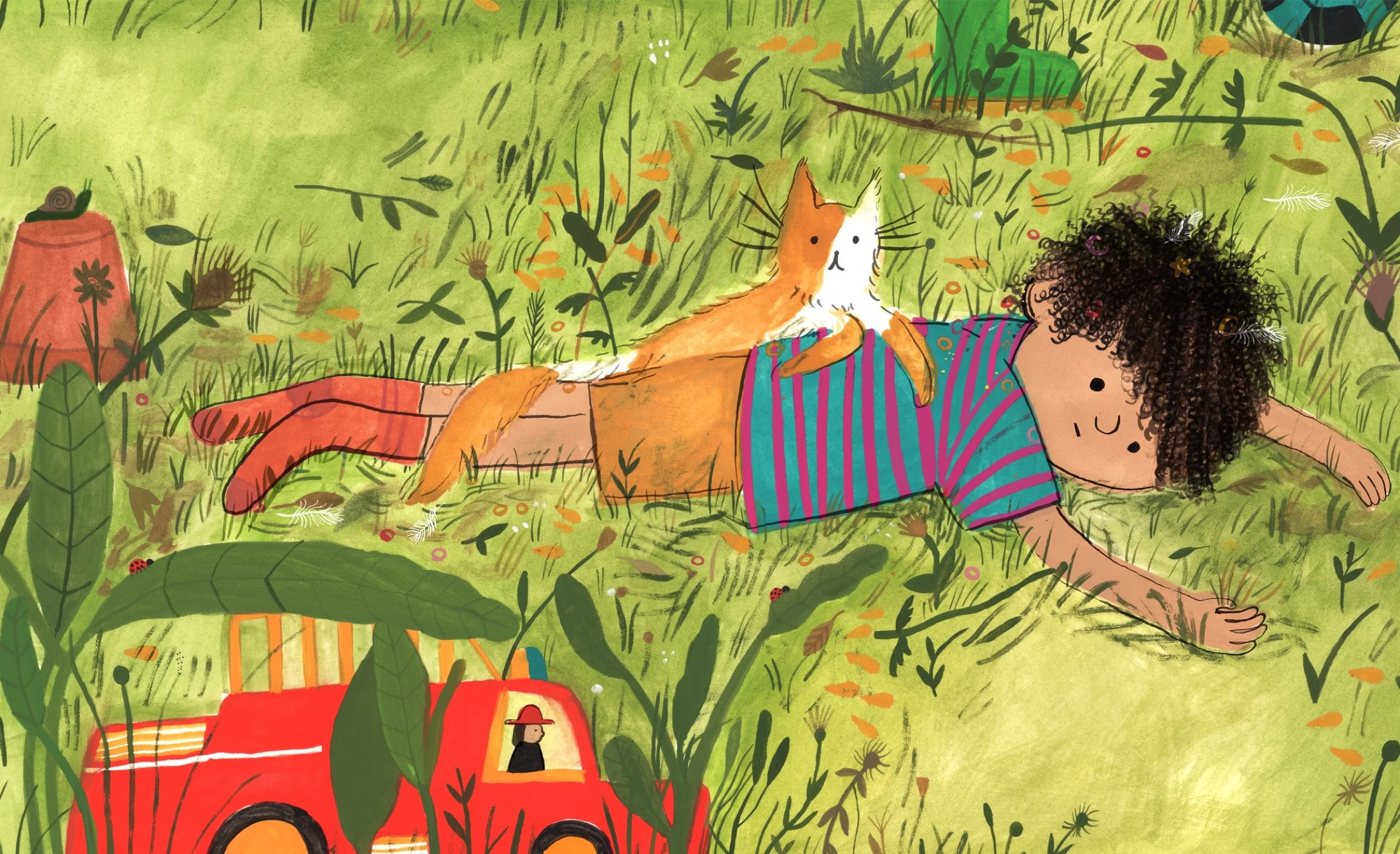 A child with curly hair lying on their stomach in a grassy field, with a cat resting on their back, surrounded by plants and a red toy car nearby.