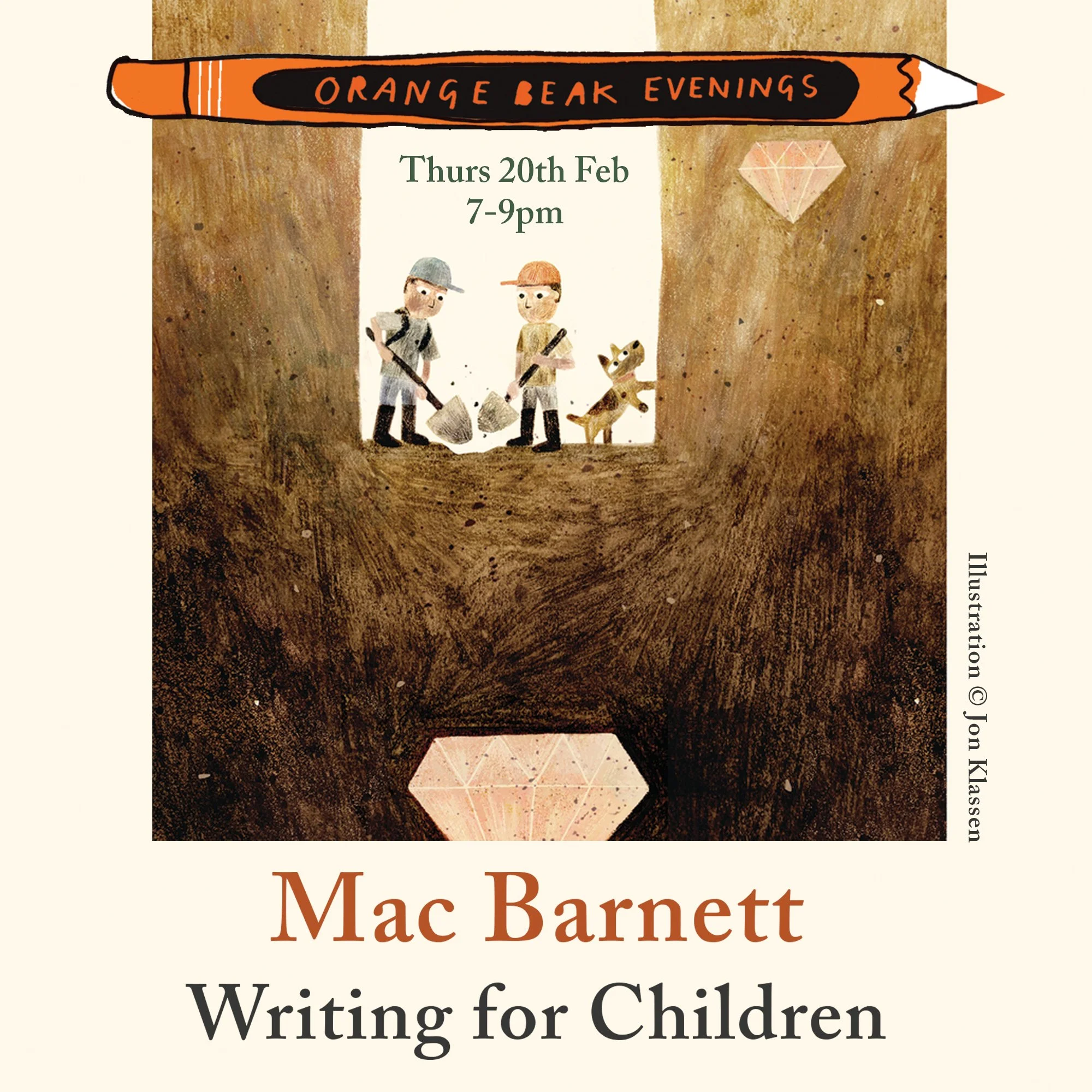 Book cover for 'Writing for Children' by Mac Barnett, with an illustration of children digging in a hole with a small dog, and a large diamond-shaped gemstone in the background.