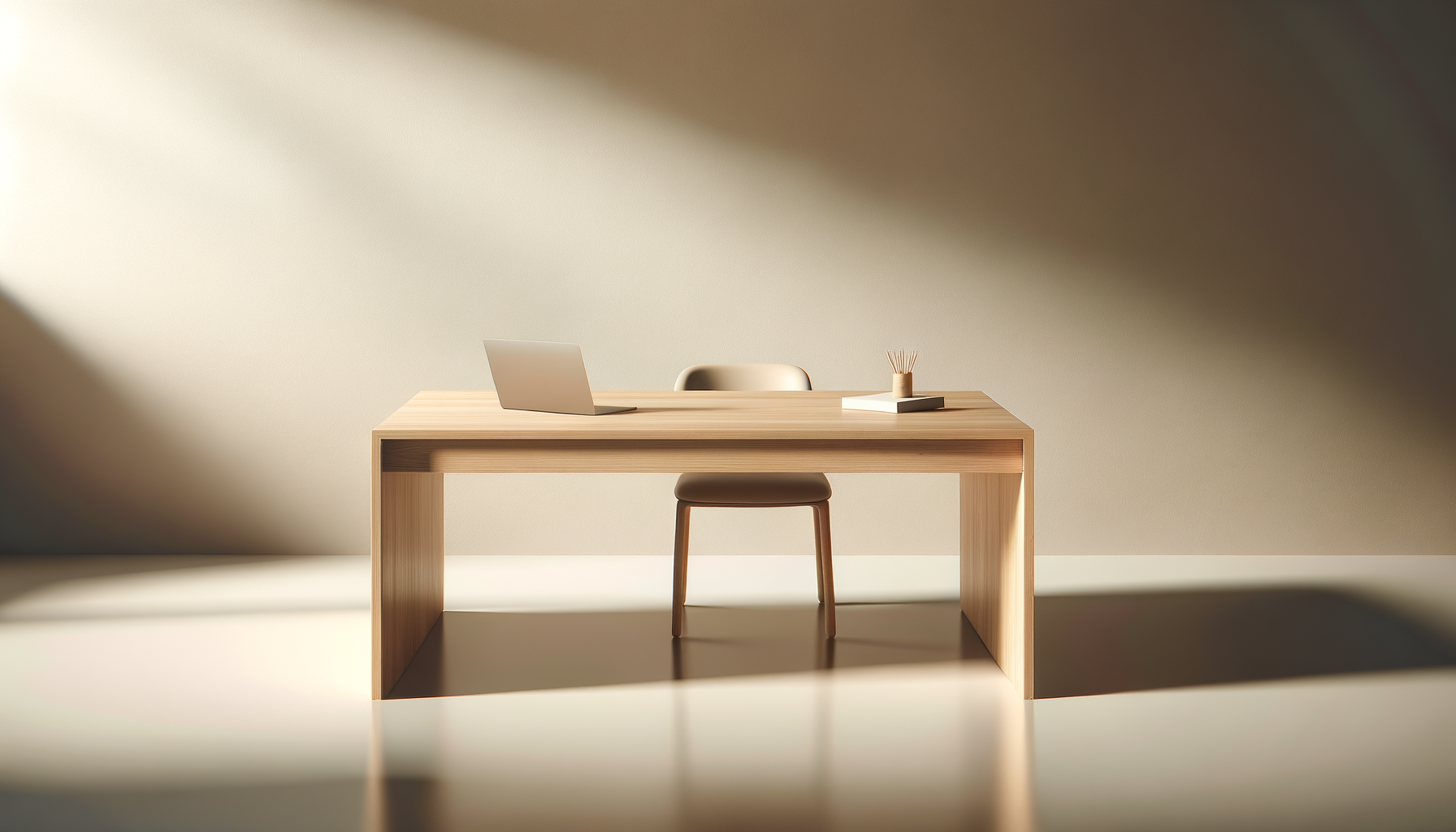 Minimalist wooden desk with a laptop, a chair, and a small container with sticks, set against a plain wall with dramatic shadowing.