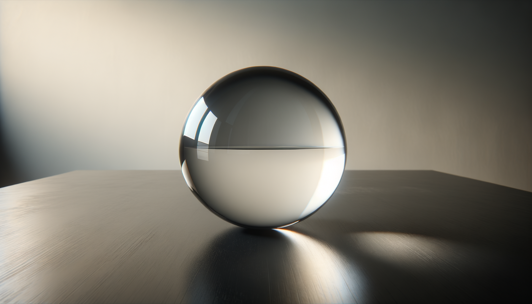 Close-up of a transparent glass sphere resting on a wooden surface, with reflected light and shadows creating a contrasting background.