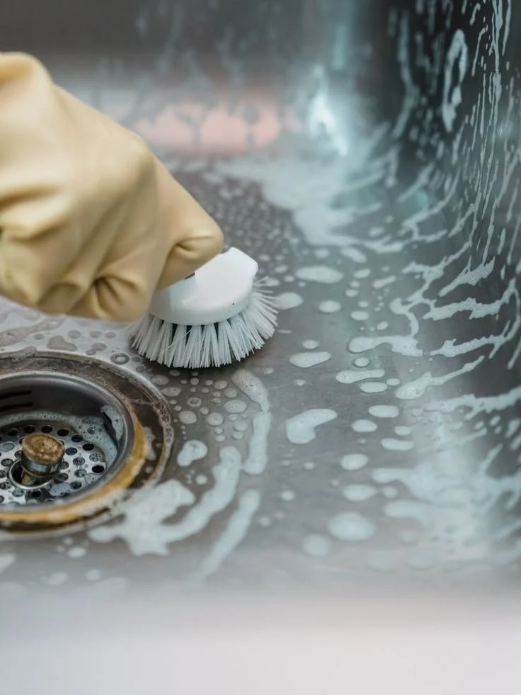 Person cleaning a stainless steel sink with a scrub brush.