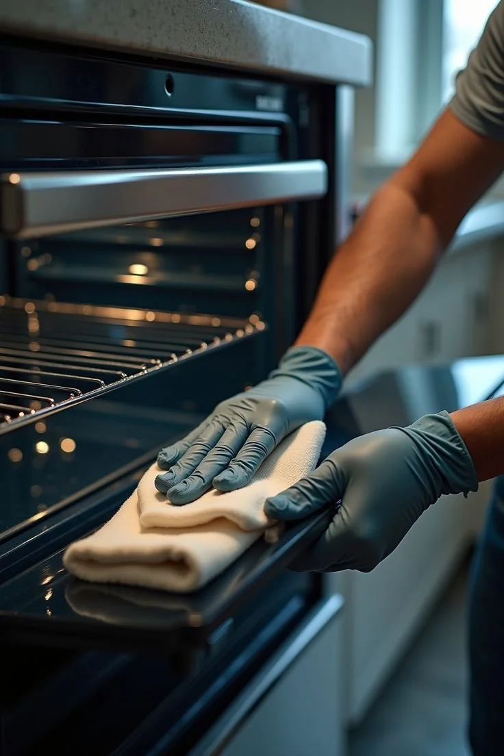 Person wearing gray gloves placing a cloth on an oven rack inside a kitchen oven.