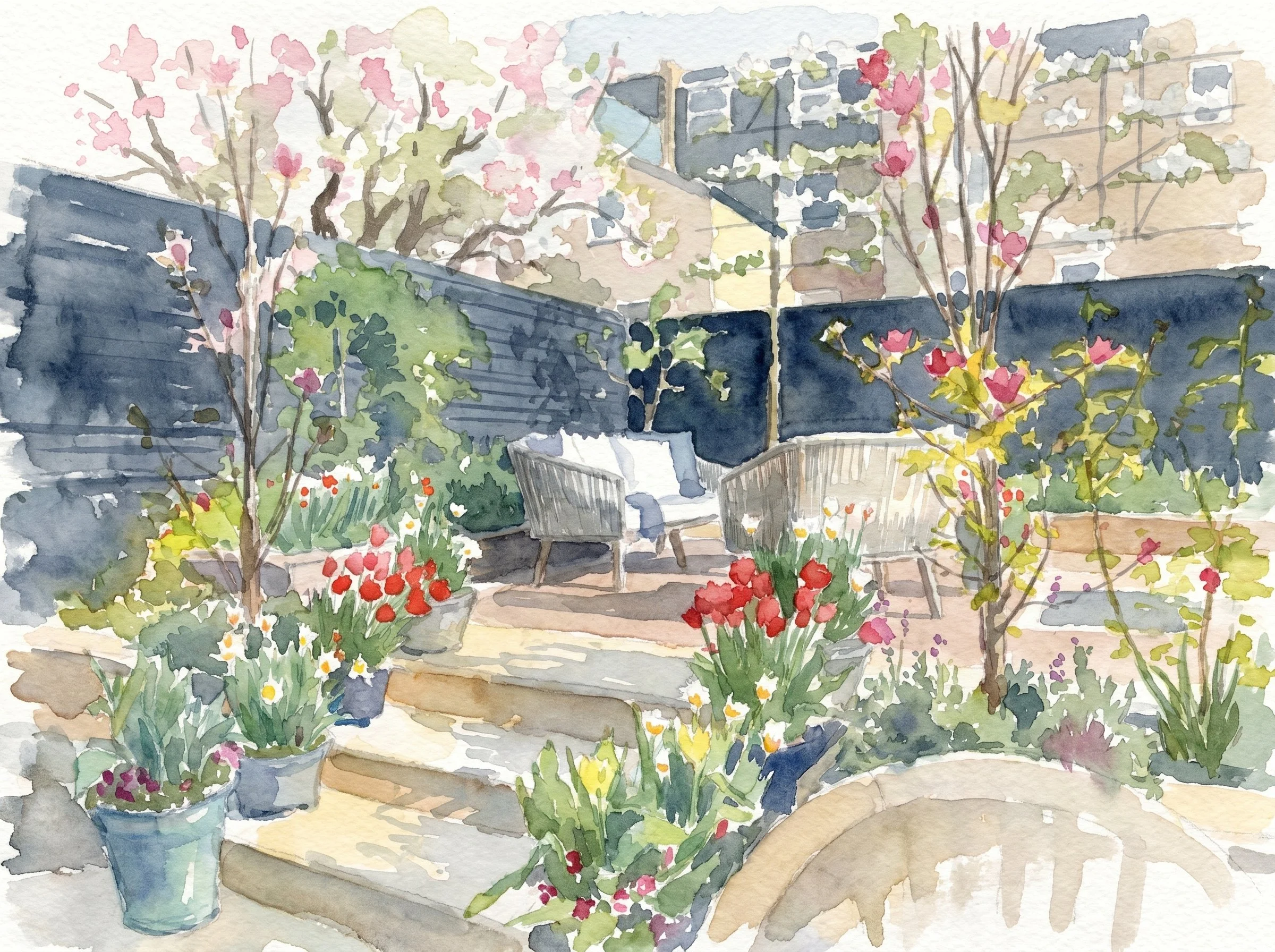 Watercolor painting of a garden patio with potted plants, flowering trees, and outdoor furniture, set against a background of buildings and trees.