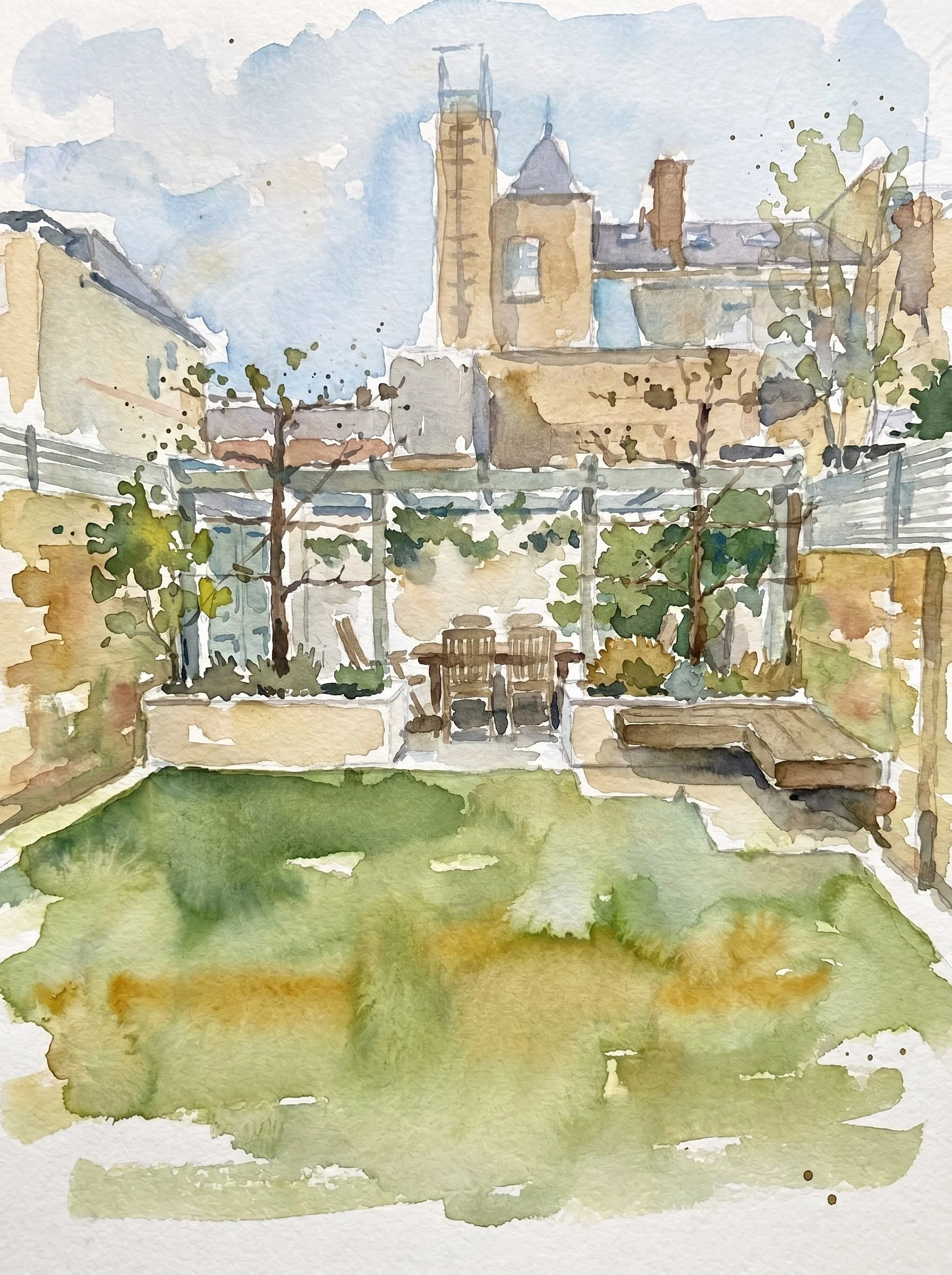 Watercolor painting of a courtyard with a lawn, trees, a table with chairs, and buildings in the background.
