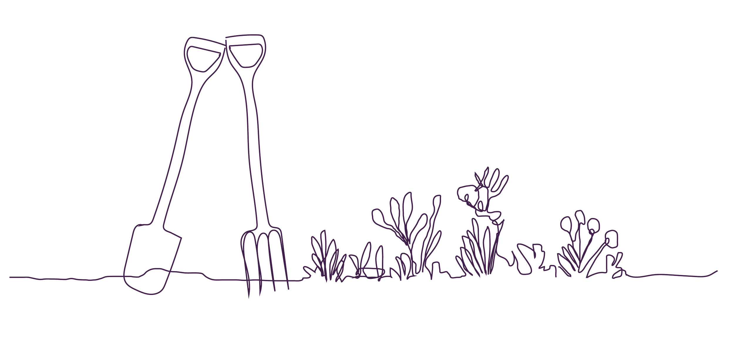Line drawing of gardening tools, plants, and flowers on a black background.
