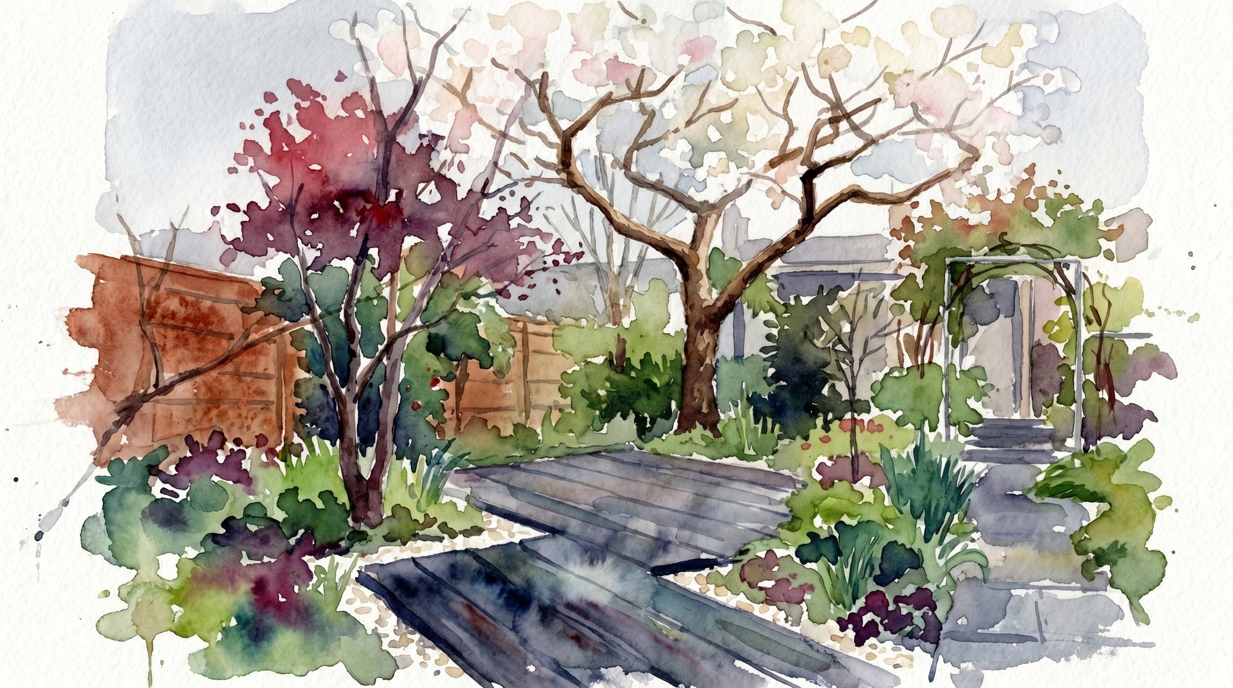 Watercolor painting of a garden with a stone pathway, bare and colorful trees, green shrubs, and a fence in the background.