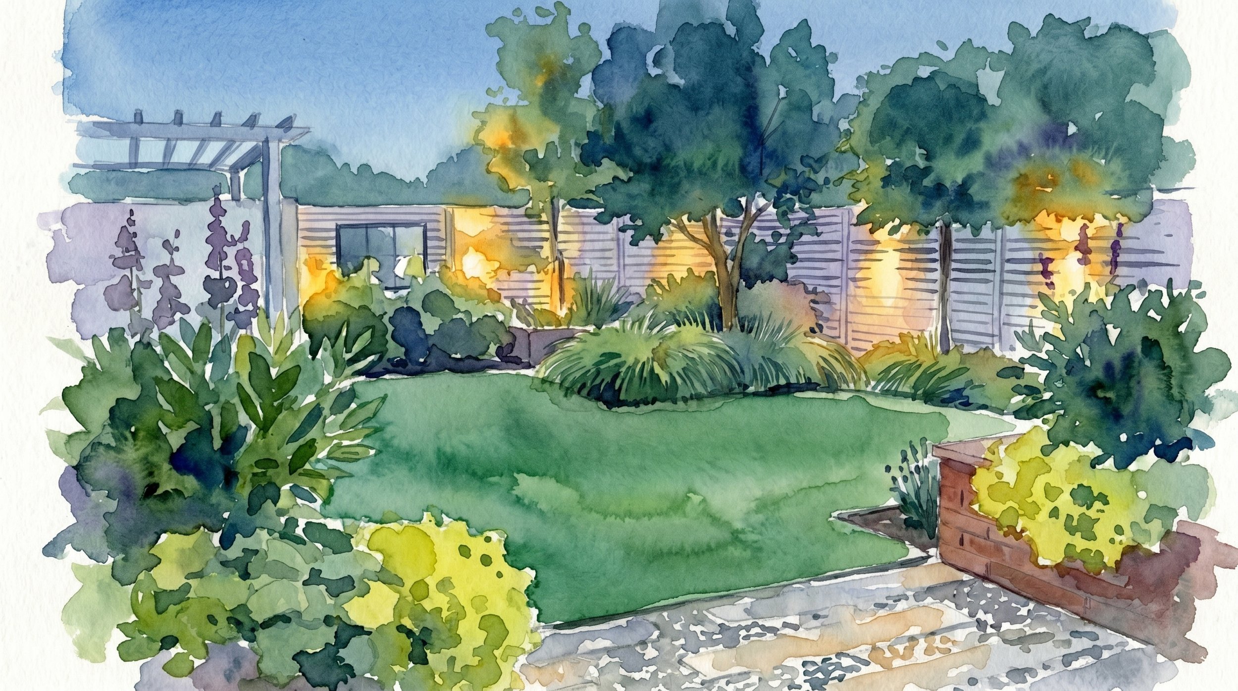 A watercolor painting of a landscaped backyard garden with trees, shrubs, and a lawn, enclosed by a wooden fence, with sunlight filtering through the trees.