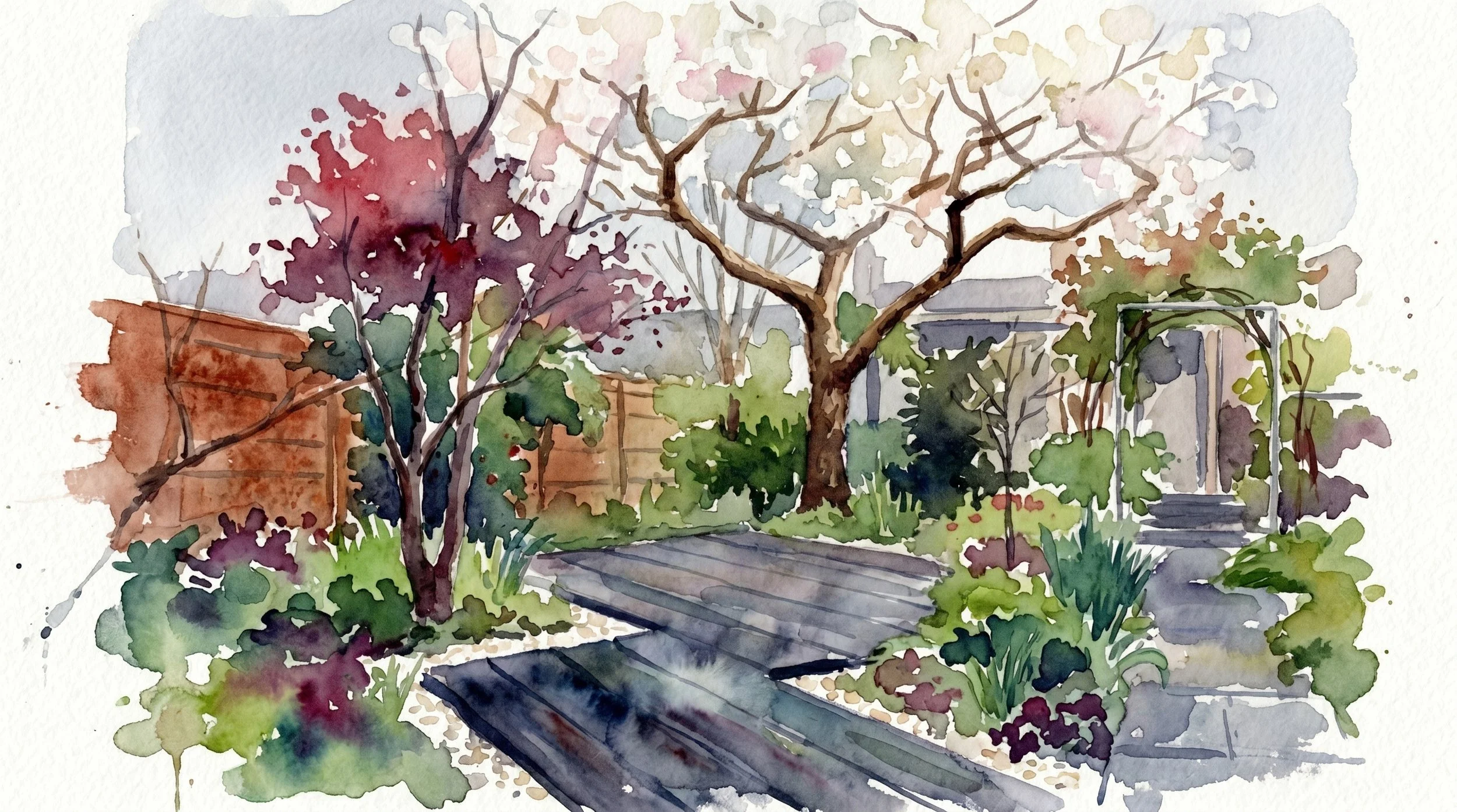 Watercolor painting of a garden with trees, green bushes, and a pathway leading to a seating area with steps. The scene appears to be during the fall with some trees having reddish and brown leaves.