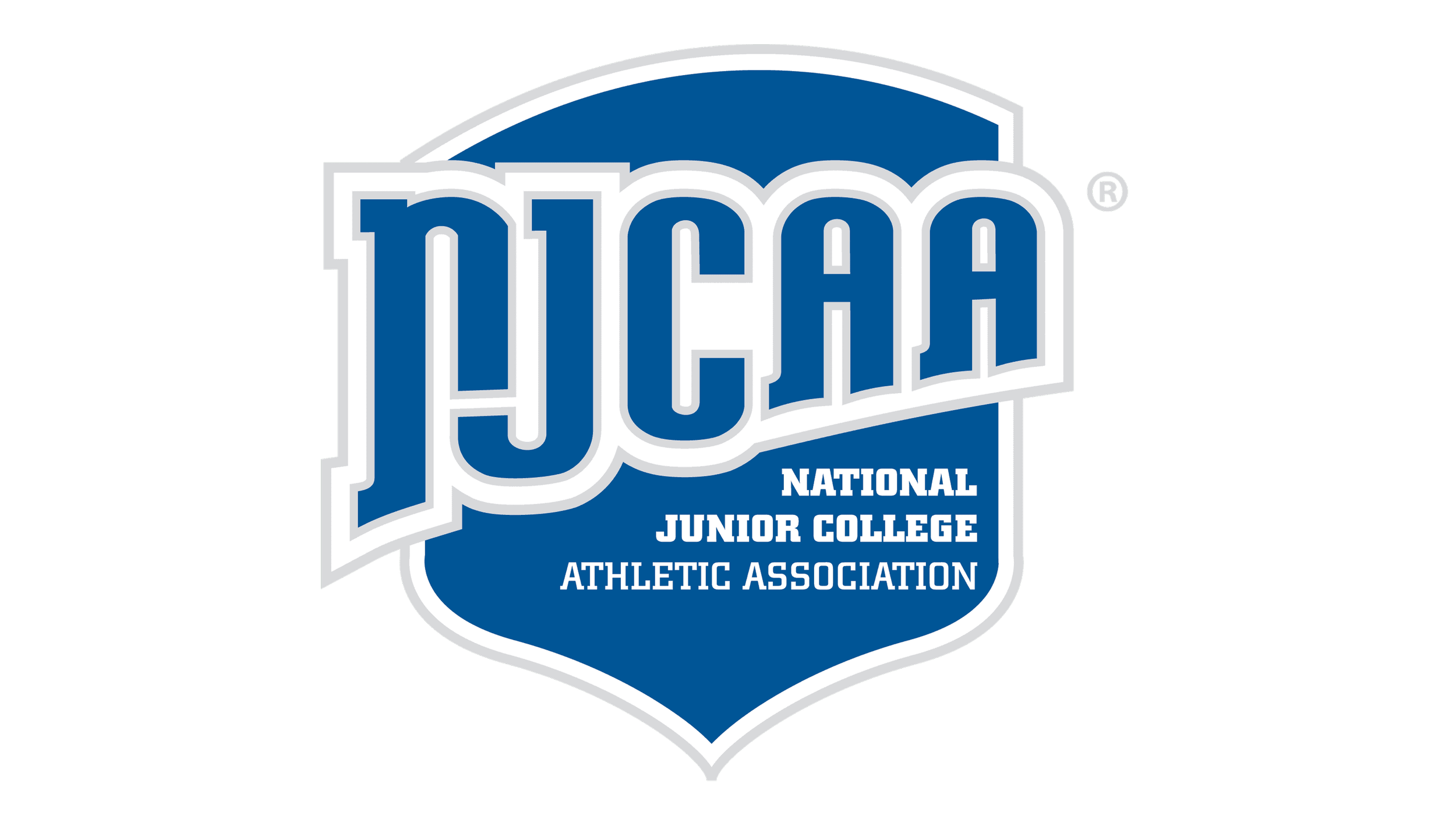 Logo of the National Junior College Athletic Association featuring the words NCAA in bold blue letters with white outlines, and the organization's name below in smaller white text on a blue shield.