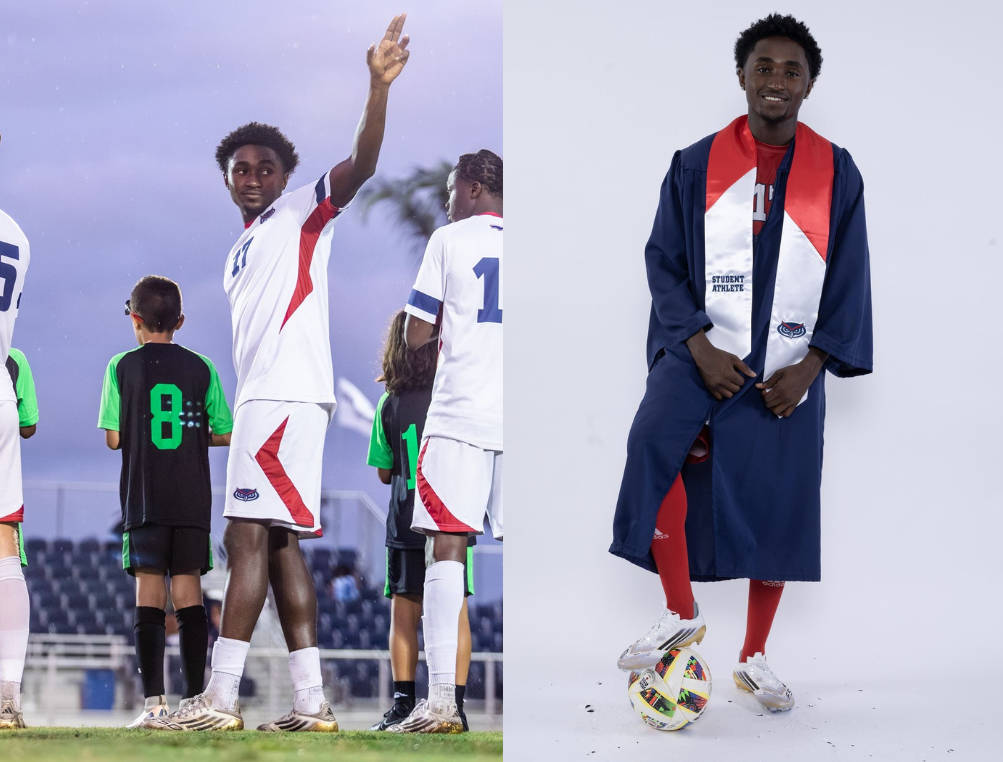 Two young men are shown in sports attire, one on the football field and the other in a studio. The football player is in uniform, raising his hand, with young children around him. The other athlete is wearing a graduation gown and cap, standing with a soccer ball, smiling.