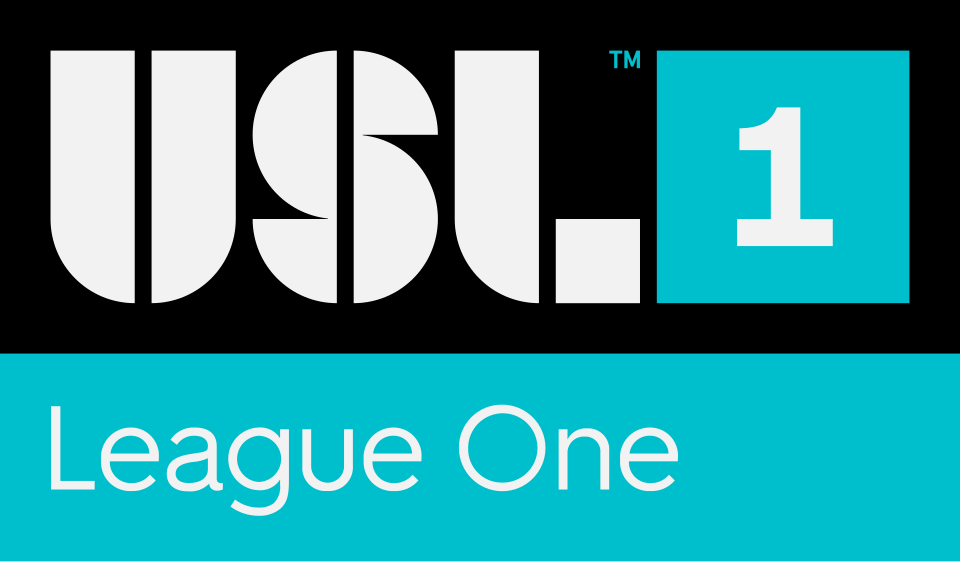 Logo of U.S. League One with a black background, large white letters spelling 'USL 1', and blue block with a white number 1, and 'League One' written underneath in white on a blue background.