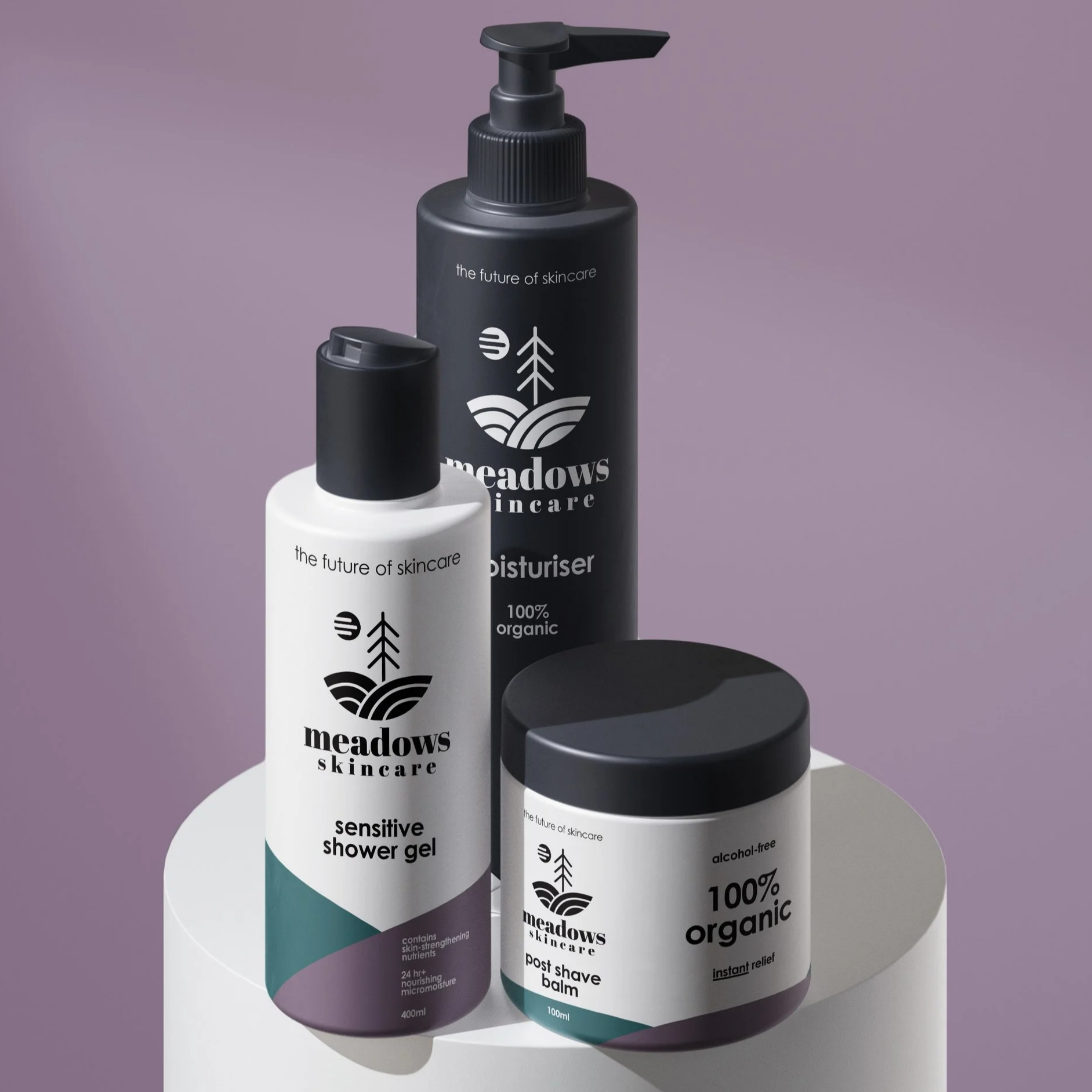 Three skincare product bottles with black, white, and gray packaging, displaying the brand name Meadows Skincare, placed on a white surface with a purple background.