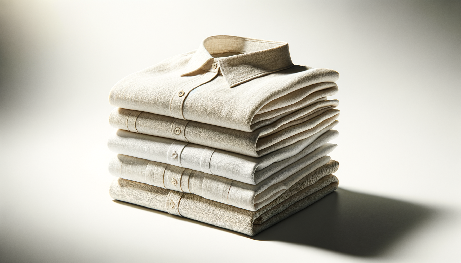 Una pila di camicie beige e bianche ben piegate su una superficie bianca.