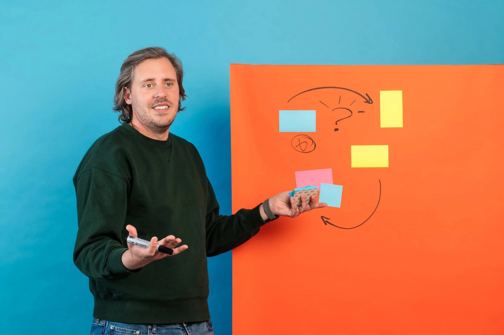 Man met grijs haar in een zwarte sweater, die een marker vasthoudt, staat naast een oranje bord met post-its en aangebrachte diagrammen en pijlen op een blauwe achtergrond.