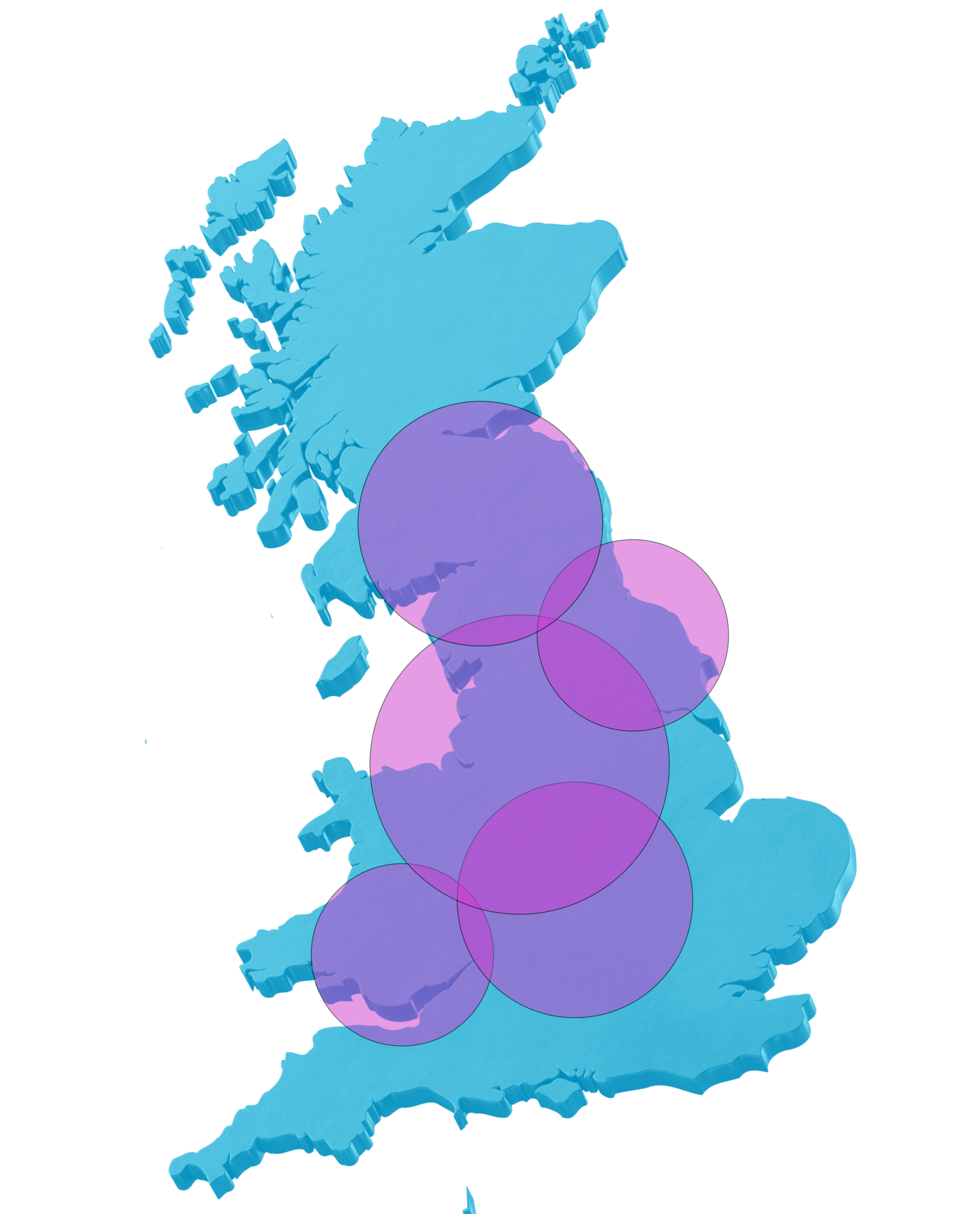 Map of the United Kingdom with colored circles indicating population distribution.
