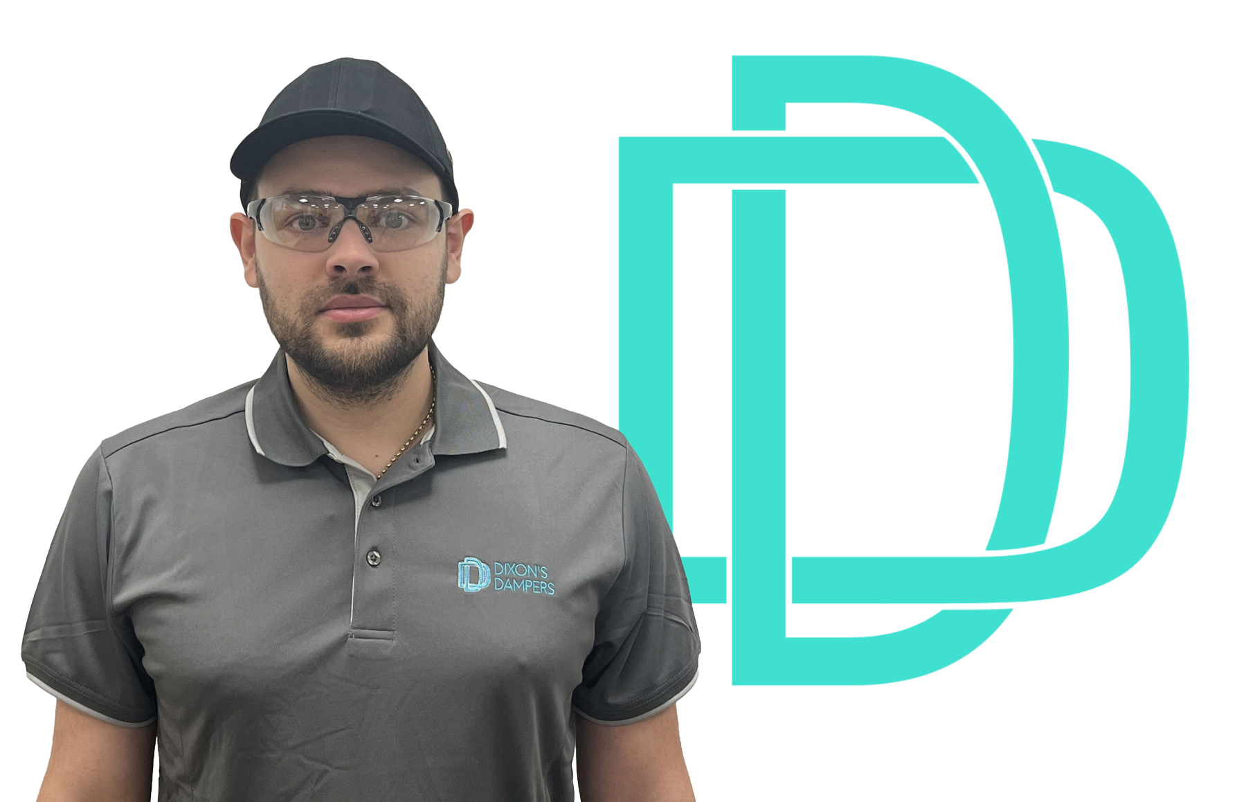 A man wearing safety goggles, a cap, and a gray polo shirt with a logo that says 'Dixon's Dampers' stands in front of a graphic logo with a stylized letter 'D' and 'Dixon's Dampers' text.