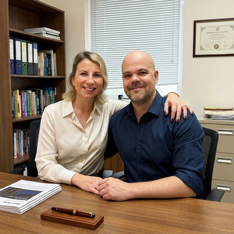 A woman and a man sitting at a desk in an office, smiling, with the woman's arm around the man's shoulder.